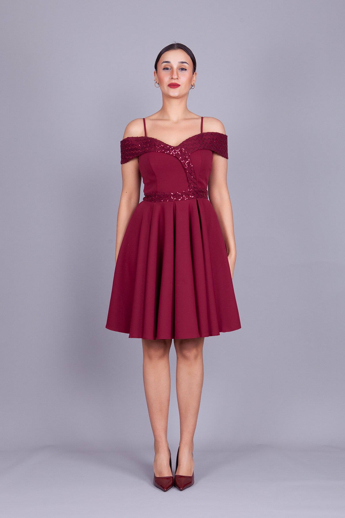 Midi Flared Checked Sequin Off-Shoulder Evening Dress - Burgundy - Bidoluelbise