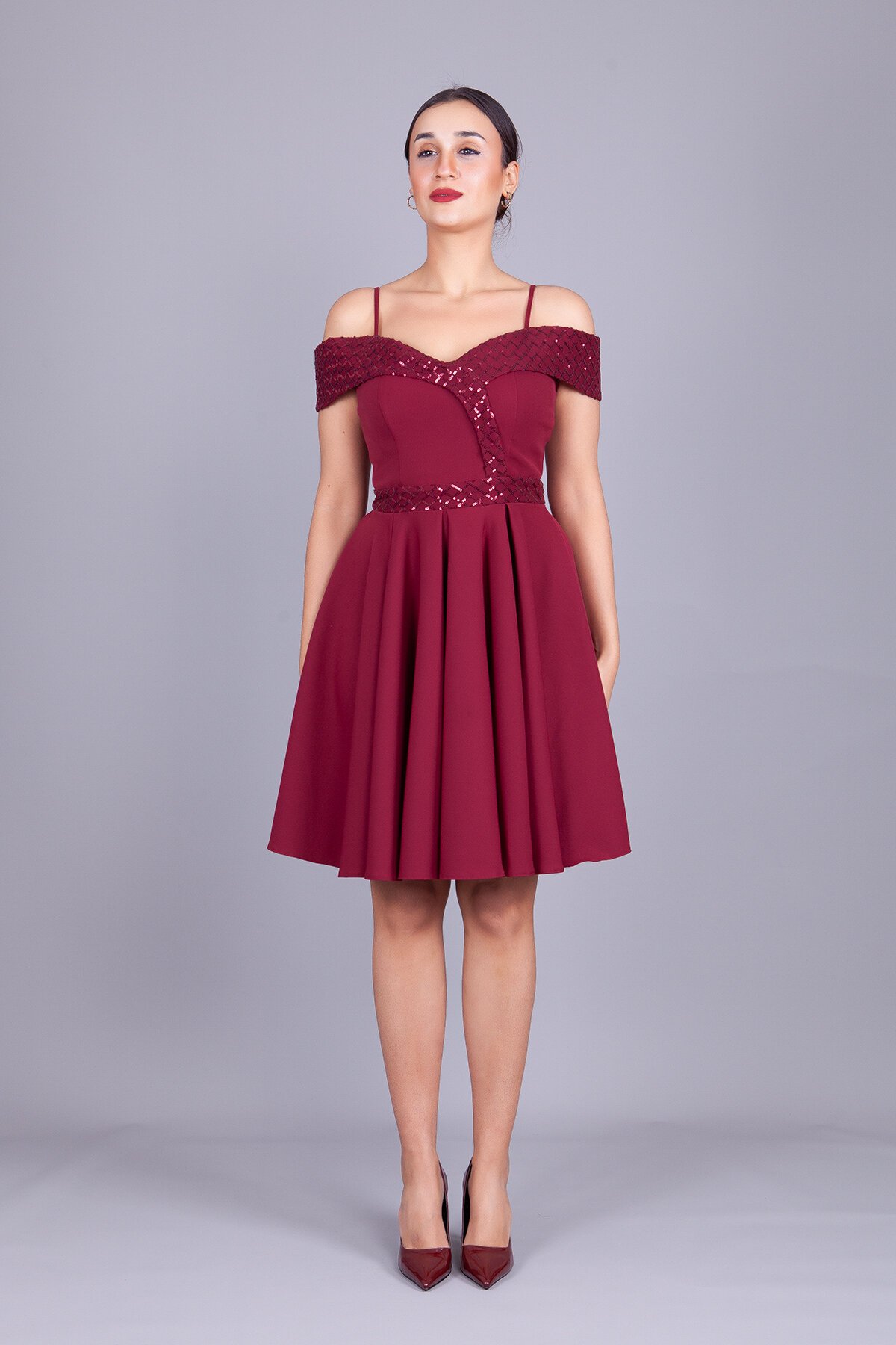 Midi Flared Checked Sequin Off-Shoulder Evening Dress - Burgundy - Bidoluelbise