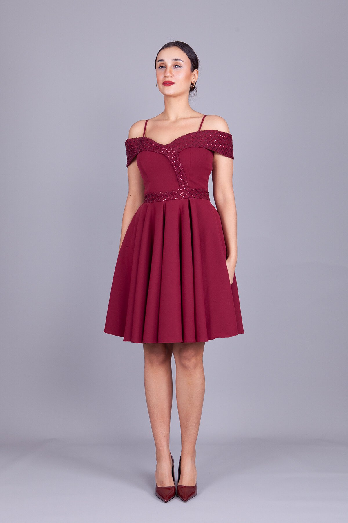 Midi Flared Checked Sequin Off-Shoulder Evening Dress - Burgundy - Bidoluelbise