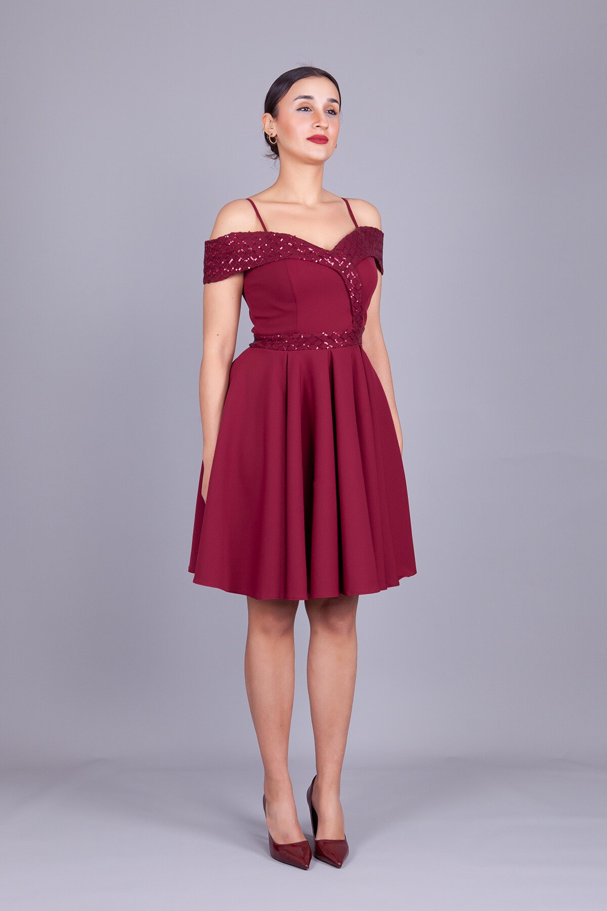 Midi Flared Checked Sequin Off-Shoulder Evening Dress - Burgundy - Bidoluelbise