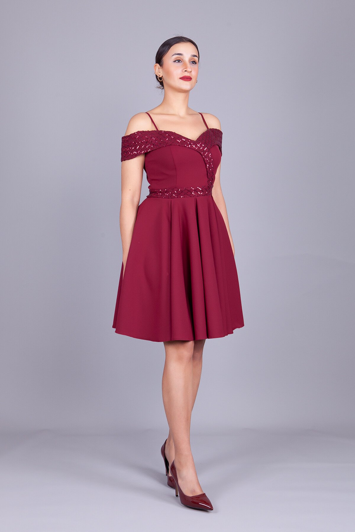 Midi Flared Checked Sequin Off-Shoulder Evening Dress - Burgundy - Bidoluelbise
