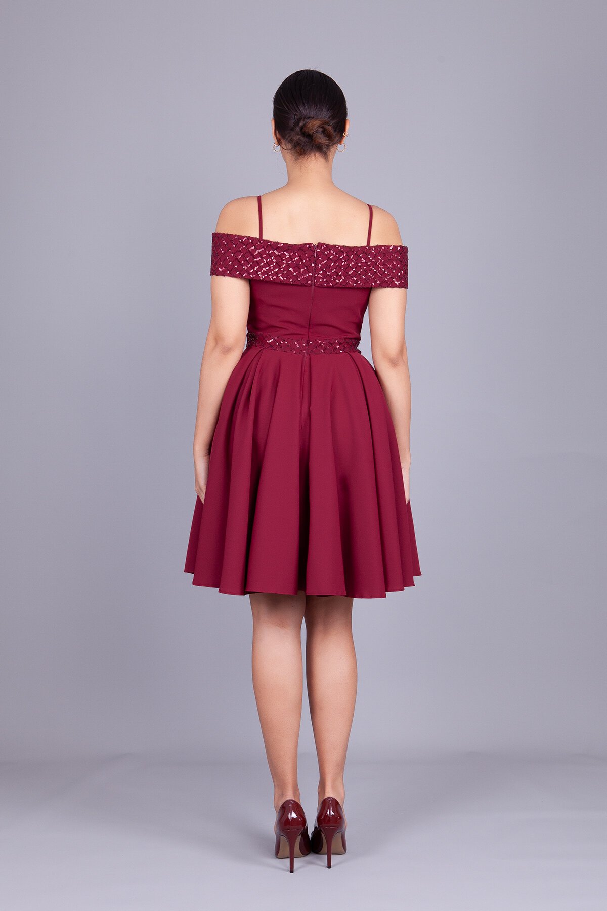 Midi Flared Checked Sequin Off-Shoulder Evening Dress - Burgundy - Bidoluelbise
