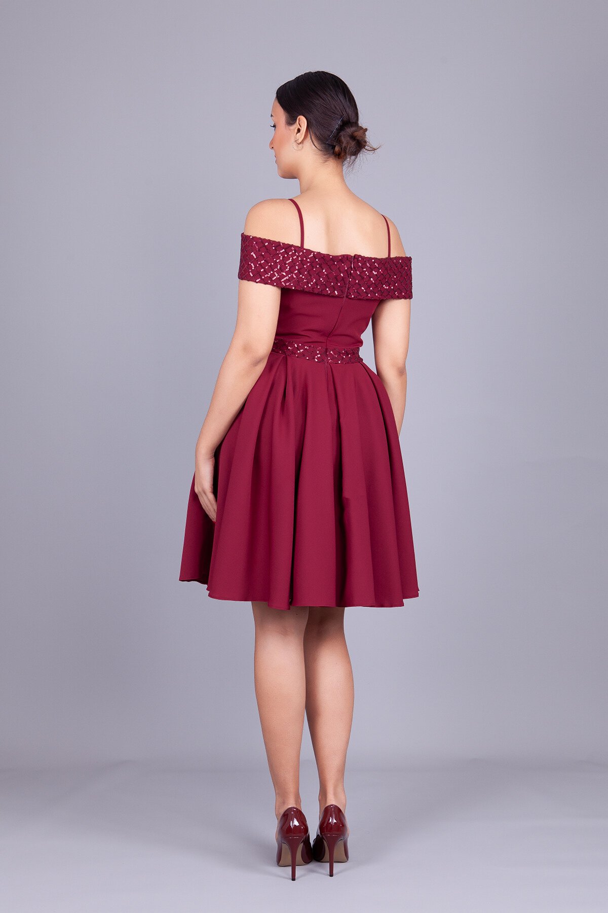 Midi Flared Checked Sequin Off-Shoulder Evening Dress - Burgundy - Bidoluelbise