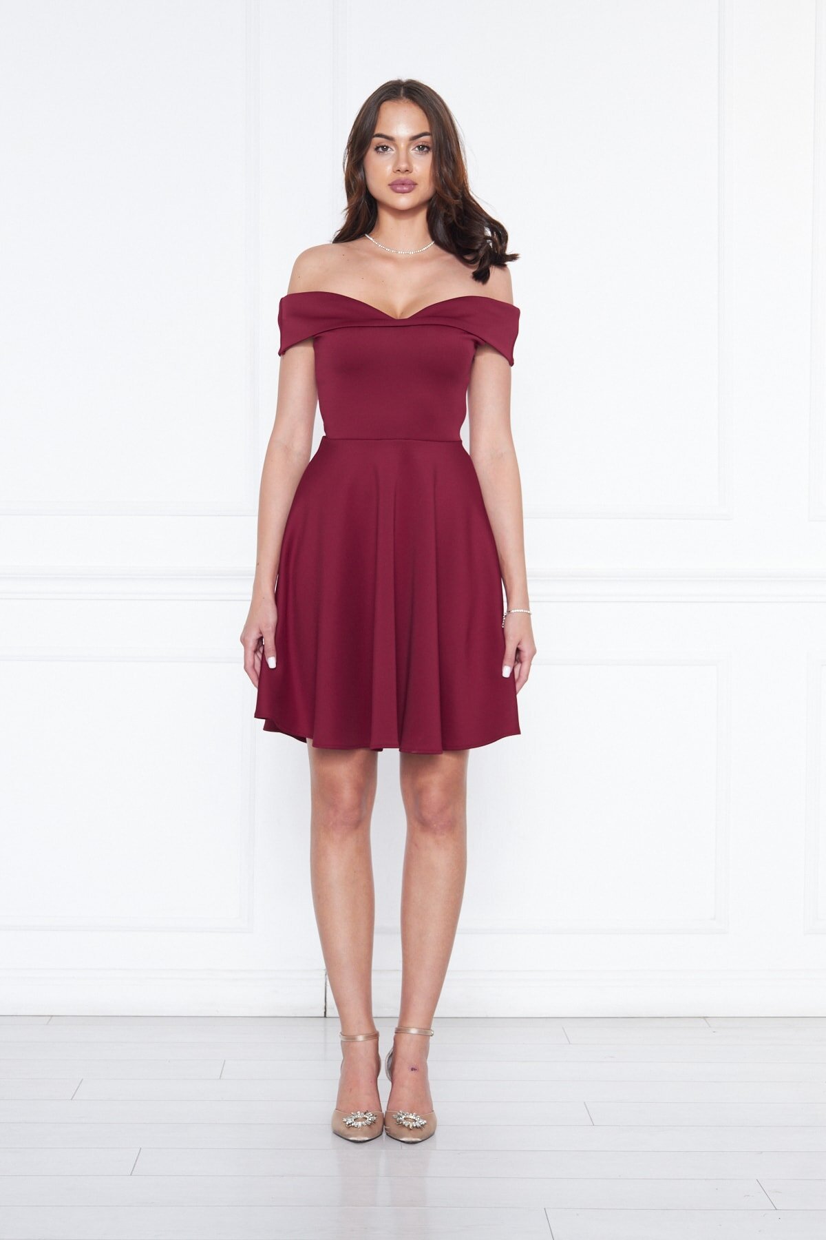 Mini Flared Scuba Sweetheart Neck Off-Shoulder Evening Dress - Burgundy - Bidoluelbise