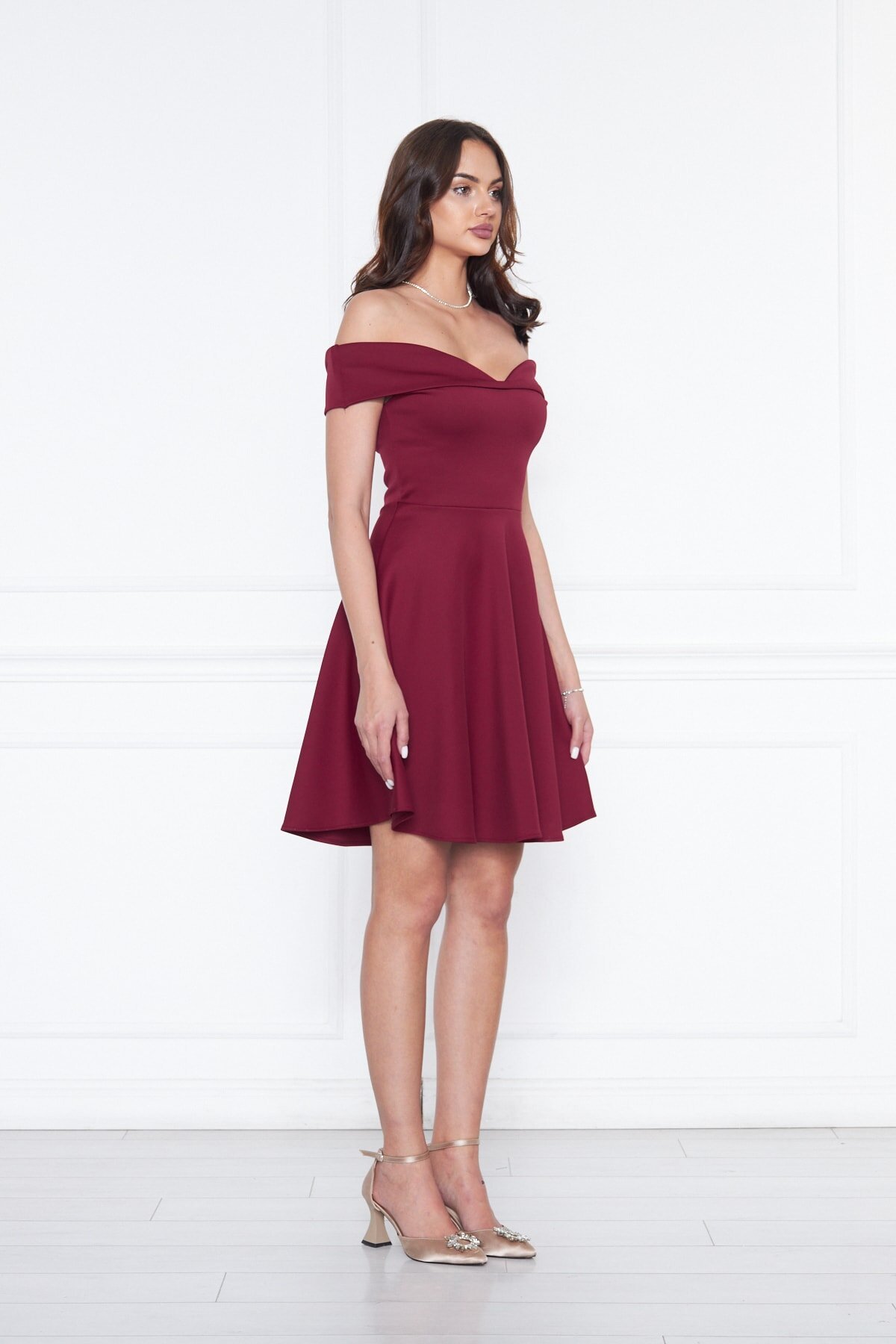 Mini Flared Scuba Sweetheart Neck Off-Shoulder Evening Dress - Burgundy - Bidoluelbise