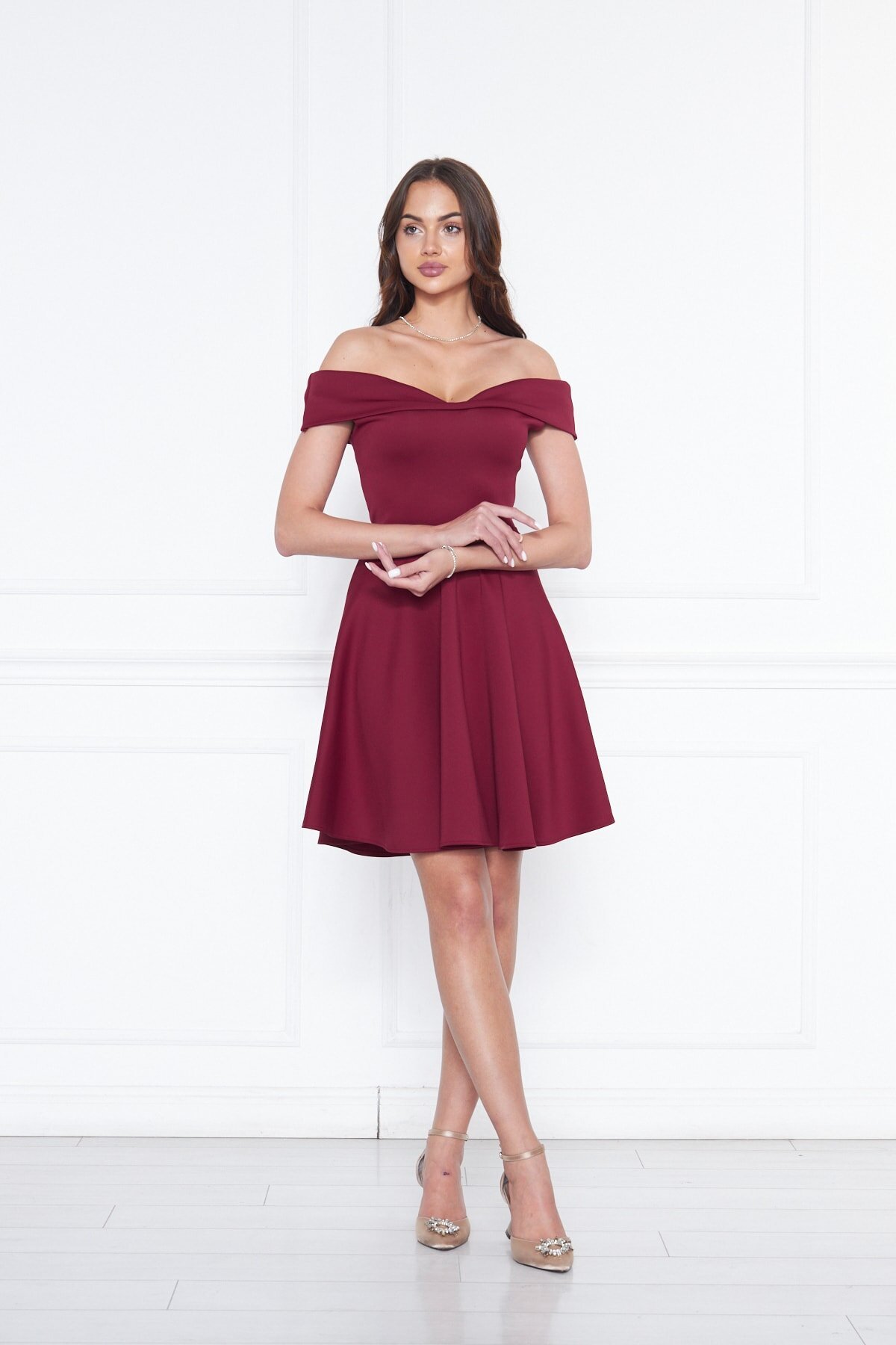 Mini Flared Scuba Sweetheart Neck Off-Shoulder Evening Dress - Burgundy - Bidoluelbise