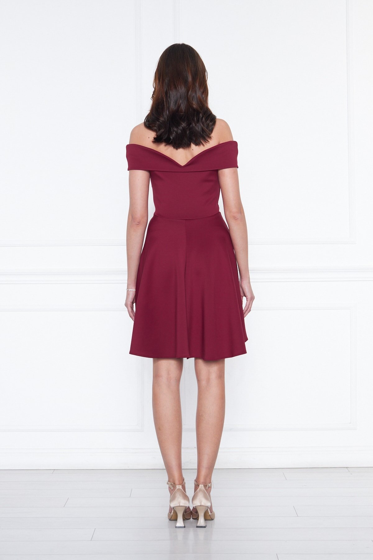 Mini Flared Scuba Sweetheart Neck Off-Shoulder Evening Dress - Burgundy - Bidoluelbise