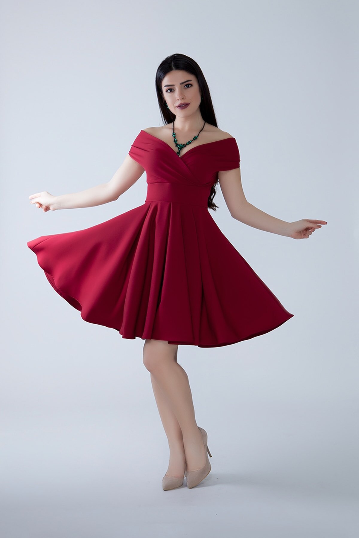 Mini Flared Pleated Boat Neck Evening Dress - Burgundy - Bidoluelbise