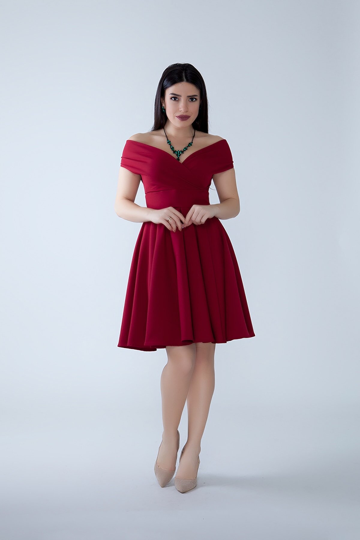 Mini Flared Pleated Boat Neck Evening Dress - Burgundy - Bidoluelbise
