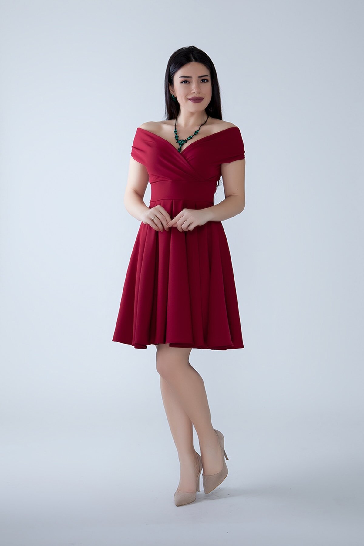 Mini Flared Pleated Boat Neck Evening Dress - Burgundy - Bidoluelbise
