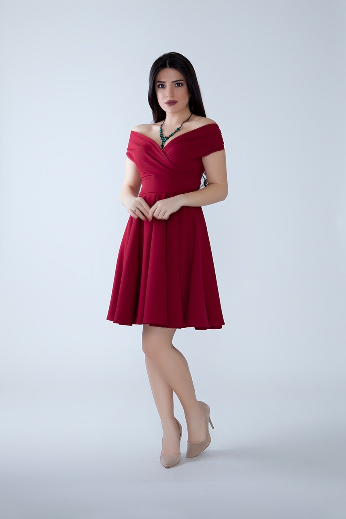 Mini Flared Pleated Boat Neck Evening Dress - Burgundy - Bidoluelbise