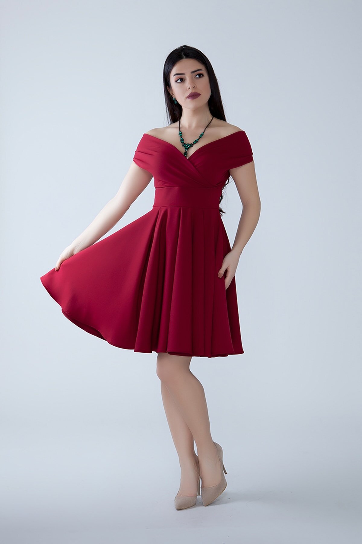 Mini Flared Pleated Boat Neck Evening Dress - Burgundy - Bidoluelbise