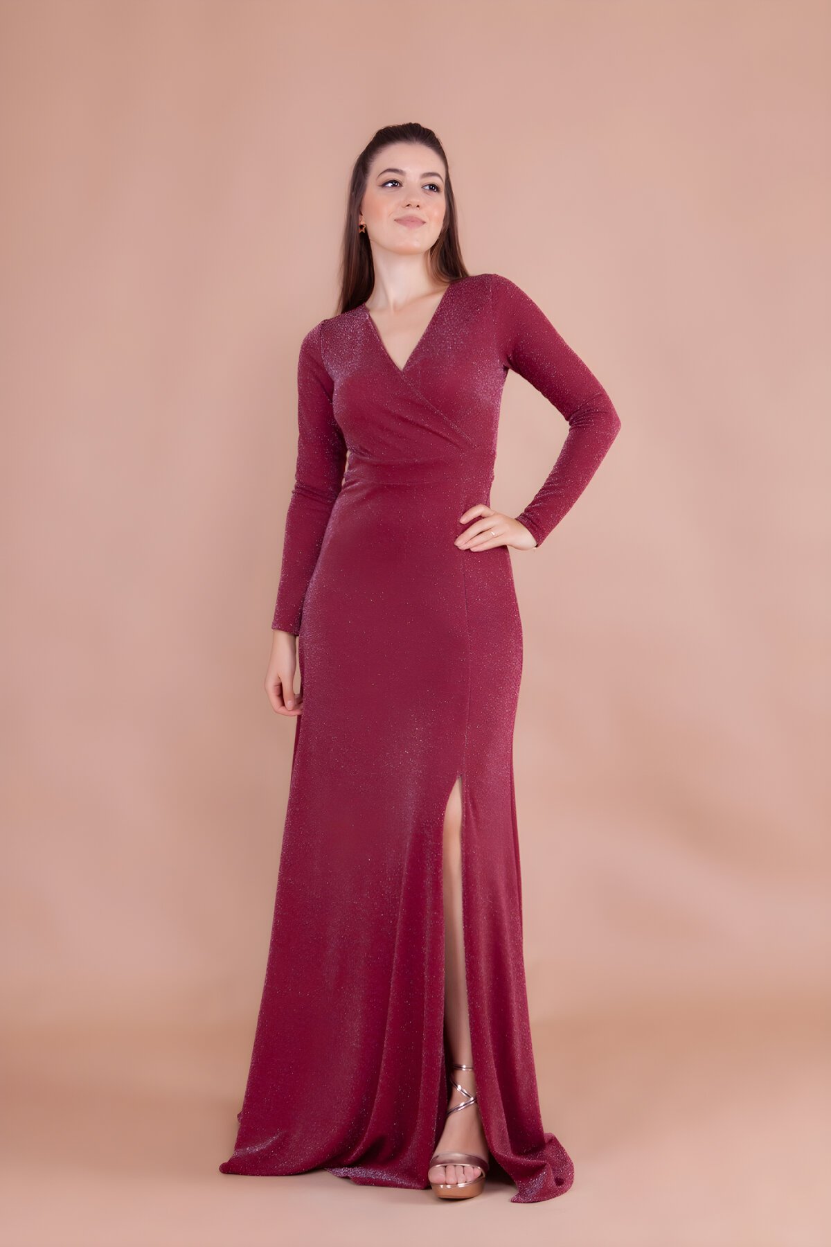 Long Sleeve Shimmering Wrap Neck Slit Evening Dress - Burgundy - Bidoluelbise