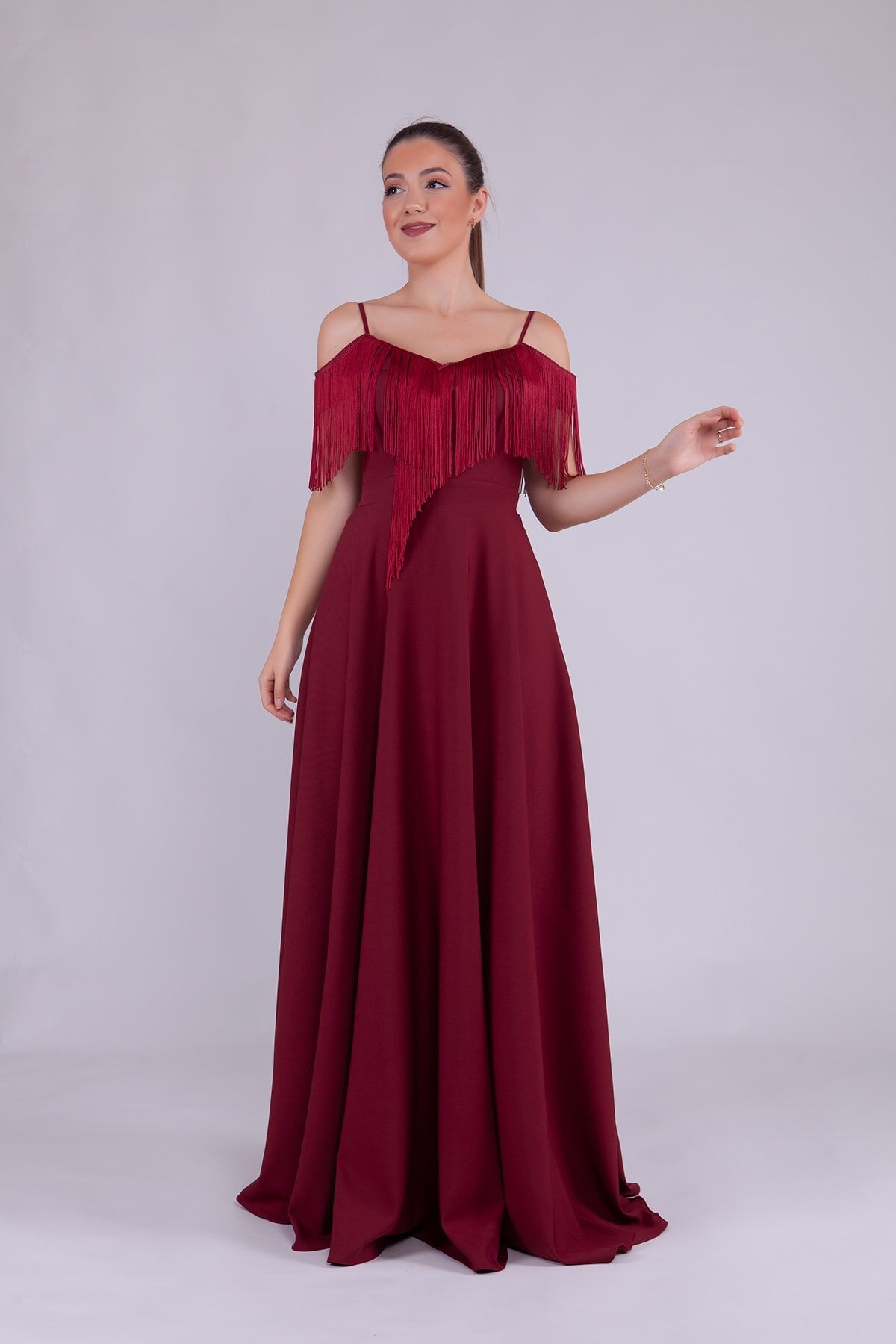 Long Boat Neck Tassel Detail Evening Dress - Burgundy - Bidoluelbise