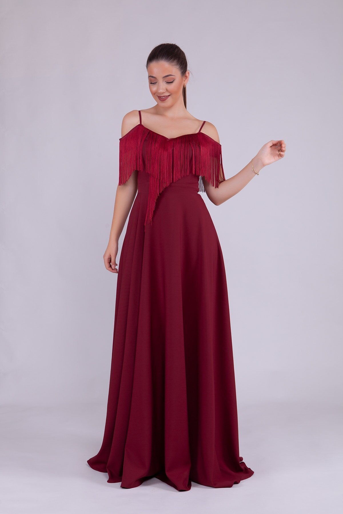 Long Boat Neck Tassel Detail Evening Dress - Burgundy - Bidoluelbise