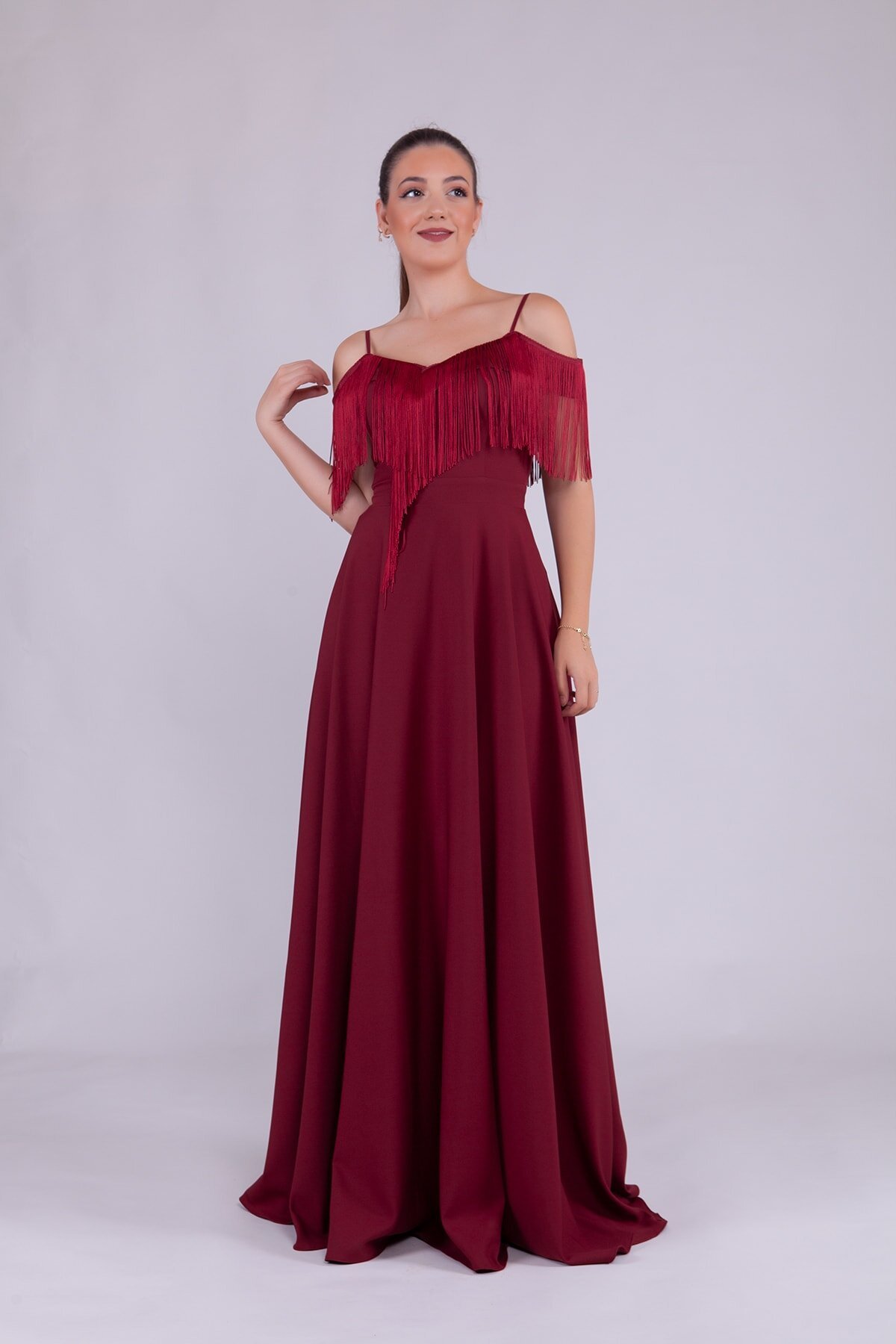 Long Boat Neck Tassel Detail Evening Dress - Burgundy - Bidoluelbise