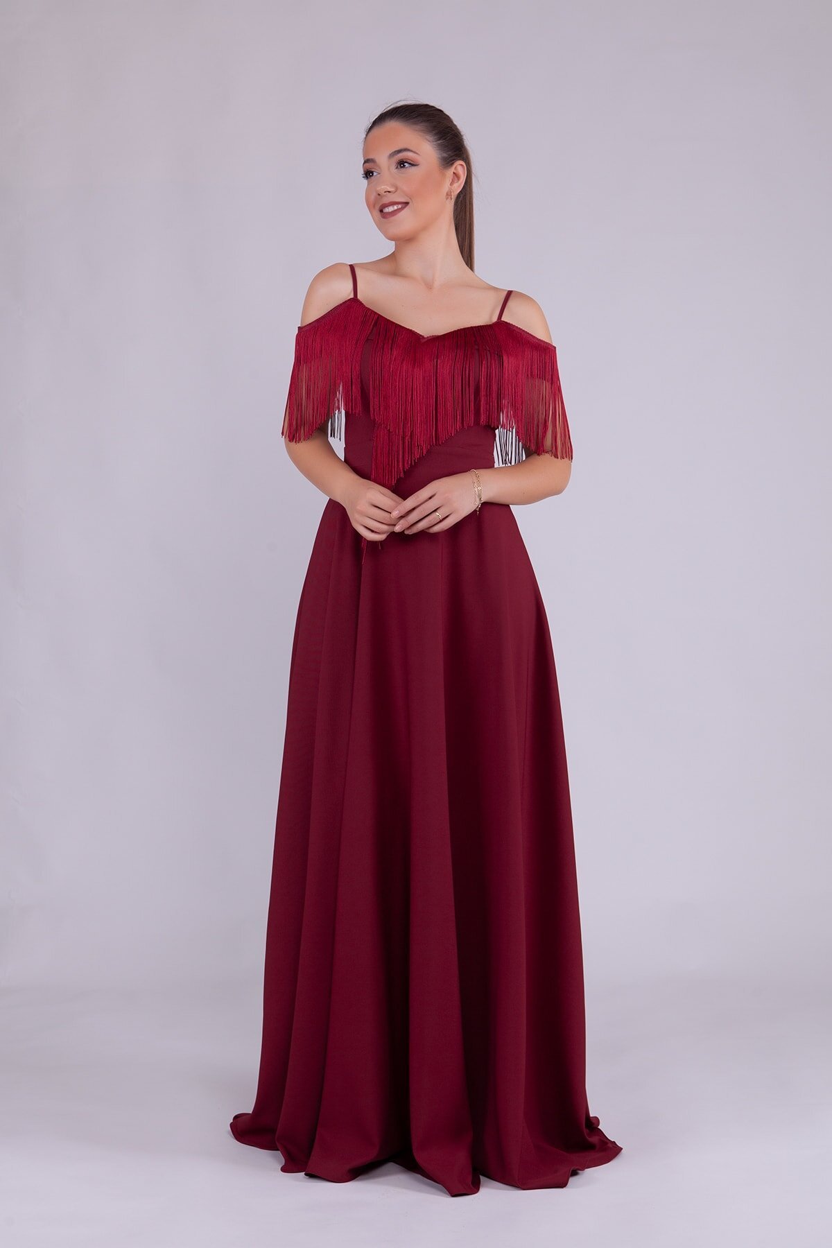 Long Boat Neck Tassel Detail Evening Dress - Burgundy - Bidoluelbise