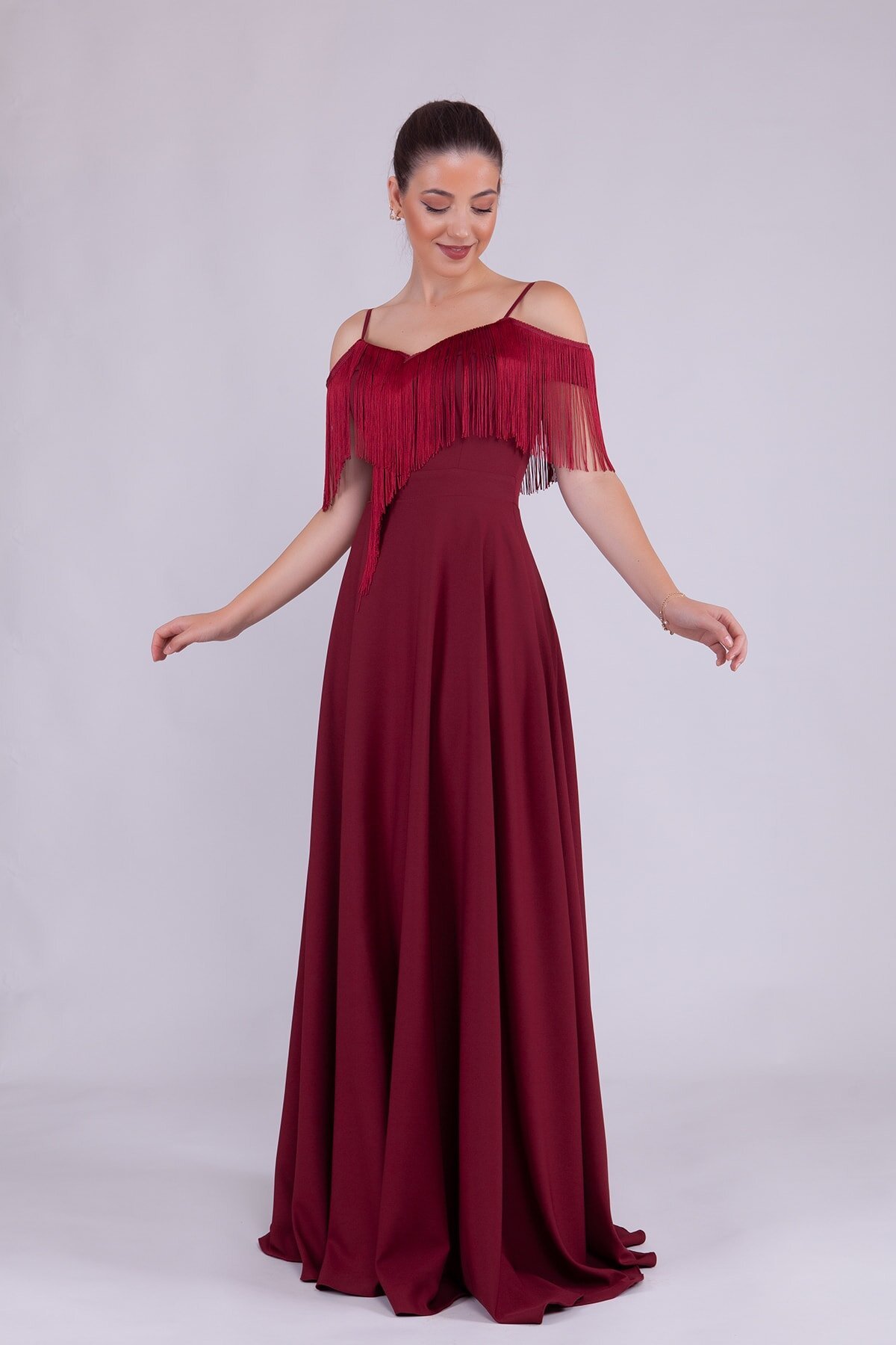 Long Boat Neck Tassel Detail Evening Dress - Burgundy - Bidoluelbise