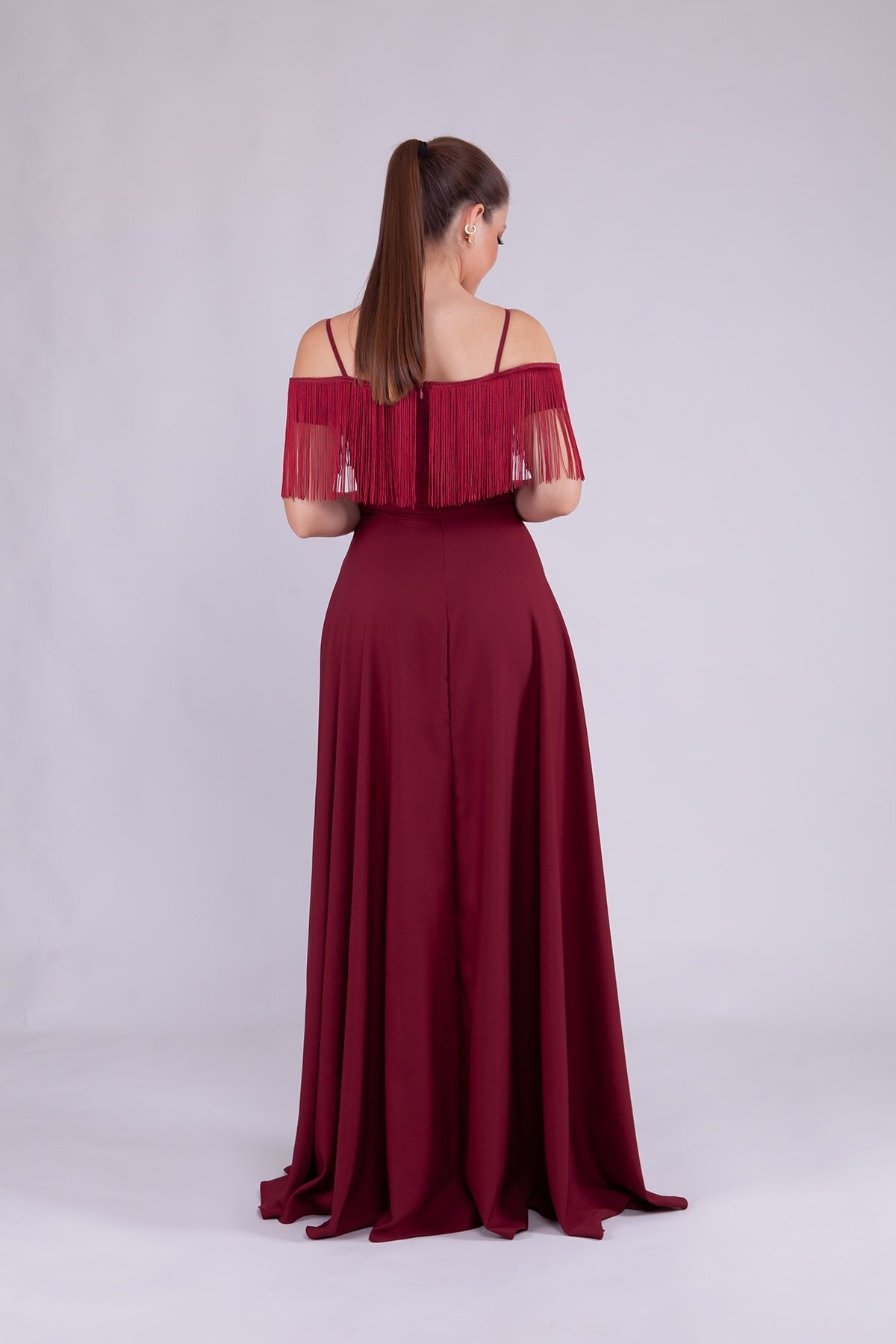 Long Boat Neck Tassel Detail Evening Dress - Burgundy - Bidoluelbise
