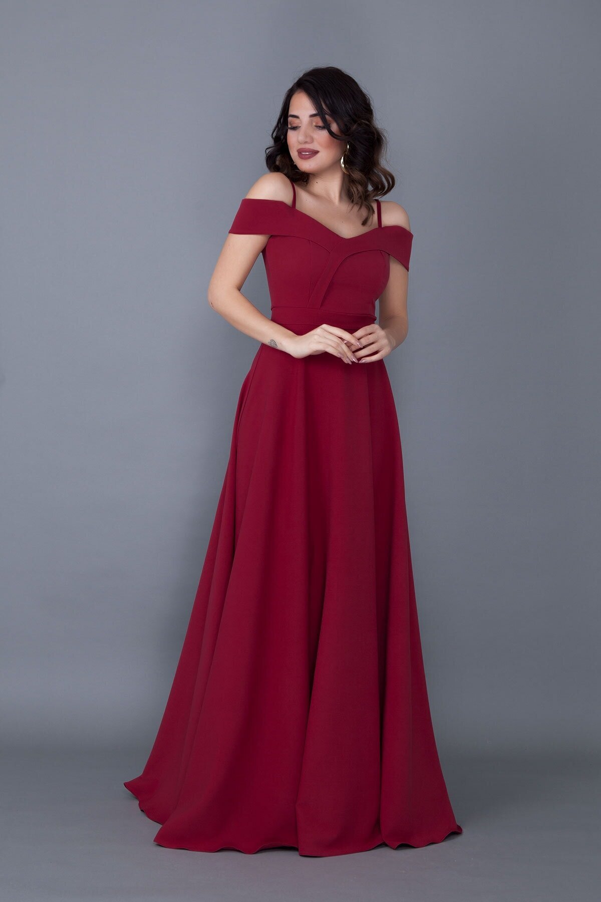 Long Flared Strappy Off-Shoulder Detail Evening Gown - Burgundy - Bidoluelbise