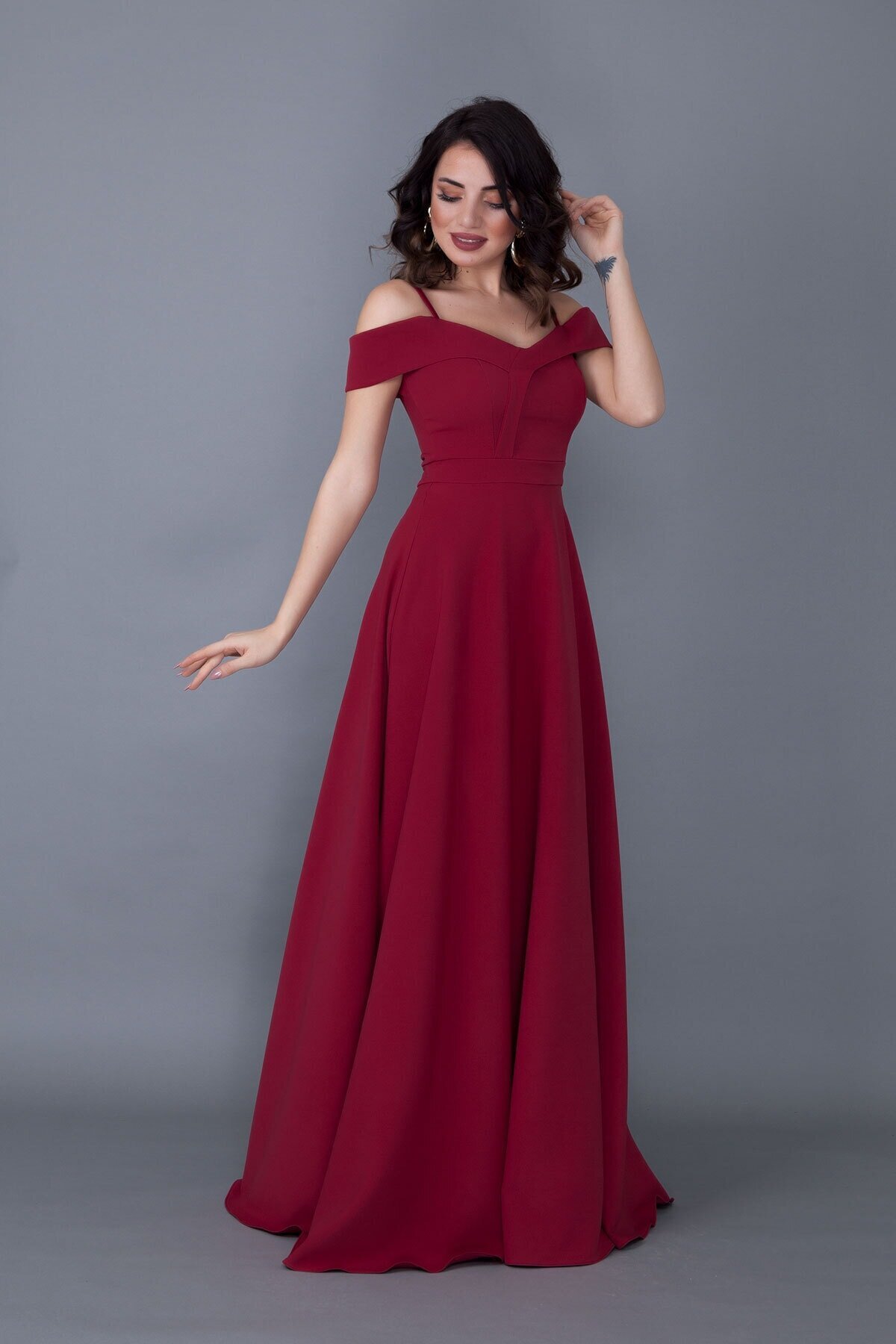 Long Flared Strappy Off-Shoulder Detail Evening Gown - Burgundy - Bidoluelbise