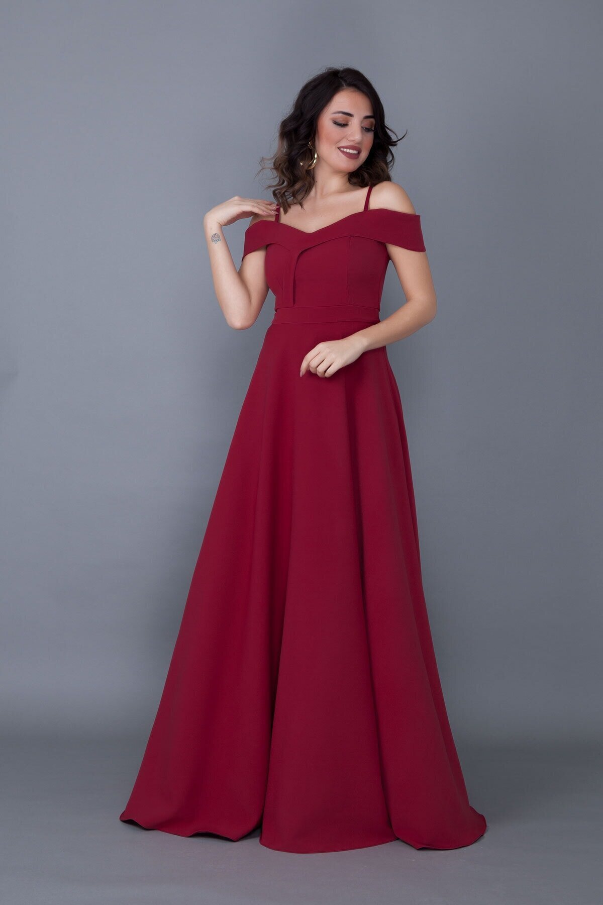 Long Flared Strappy Off-Shoulder Detail Evening Gown - Burgundy - Bidoluelbise