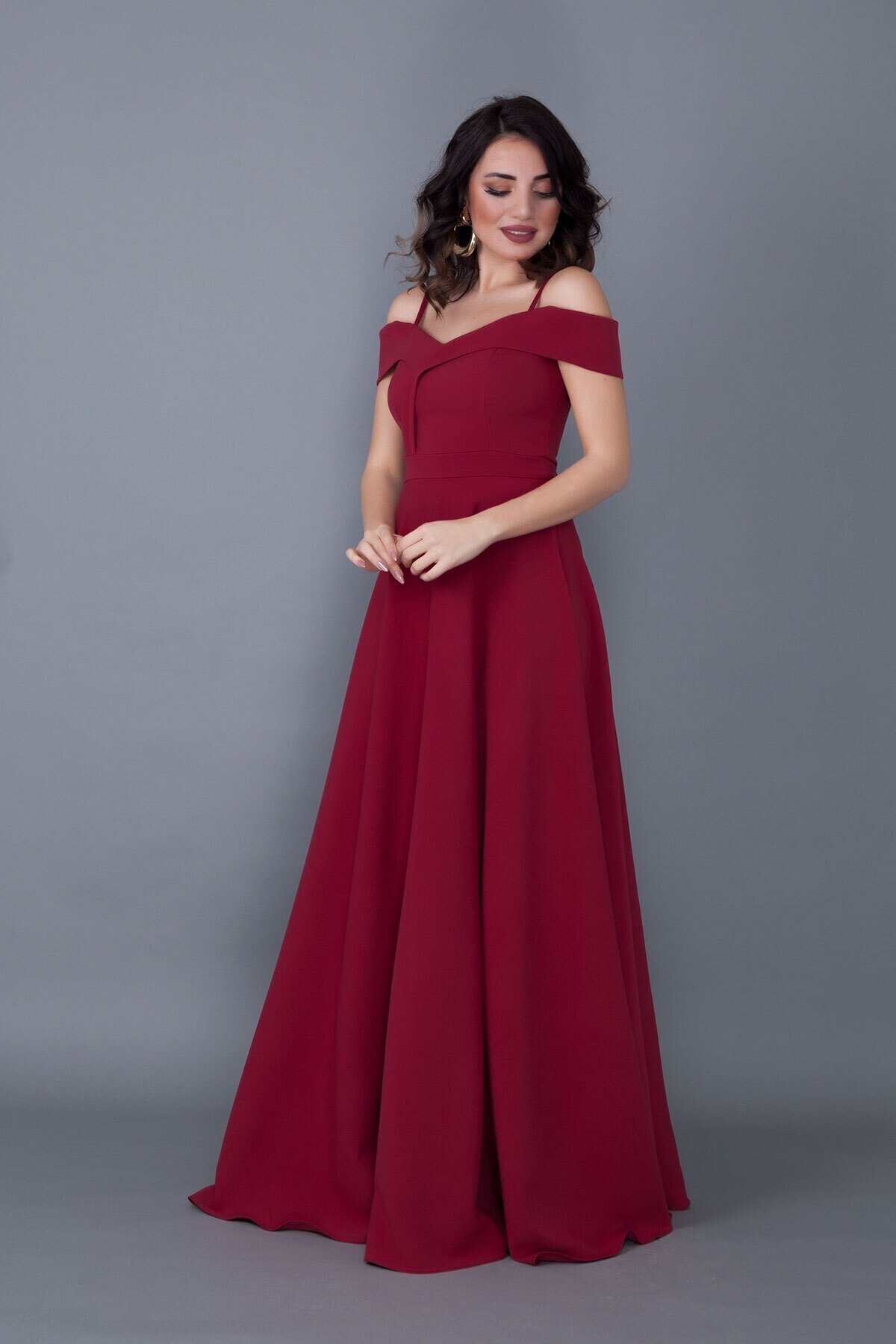 Long Flared Strappy Off-Shoulder Detail Evening Gown - Burgundy - Bidoluelbise