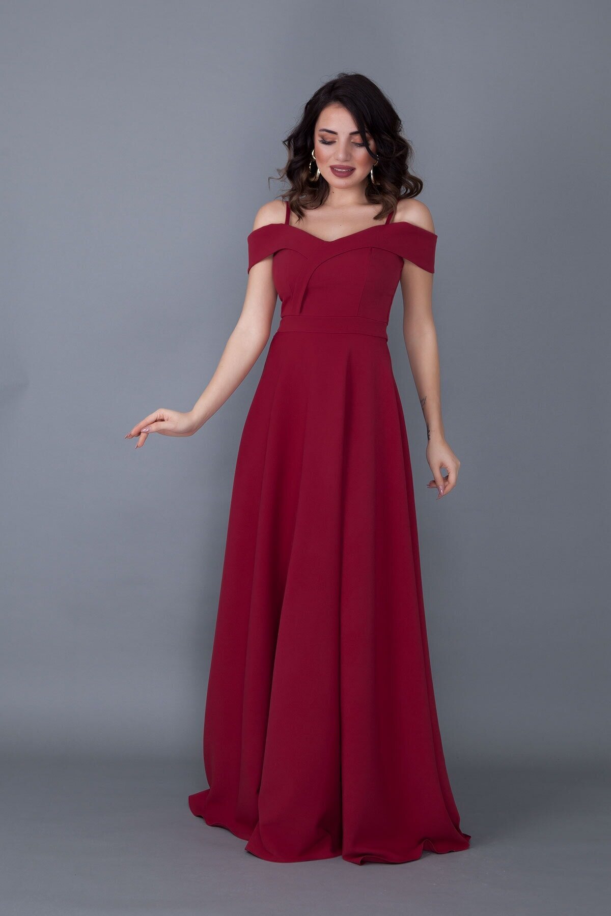 Long Flared Strappy Off-Shoulder Detail Evening Gown - Burgundy - Bidoluelbise