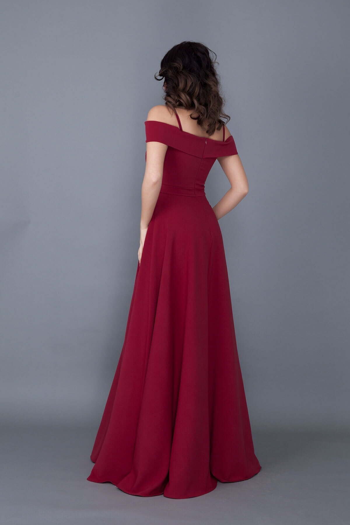 Long Flared Strappy Off-Shoulder Detail Evening Gown - Burgundy - Bidoluelbise