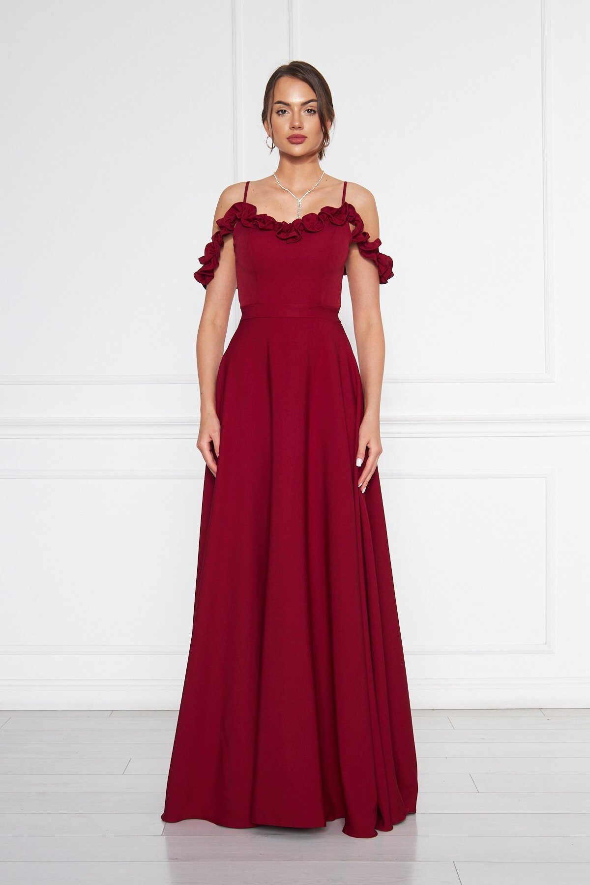 Long Flared Adjustable-Strap Ruffle-Detail Evening Dress - Burgundy - Bidoluelbise