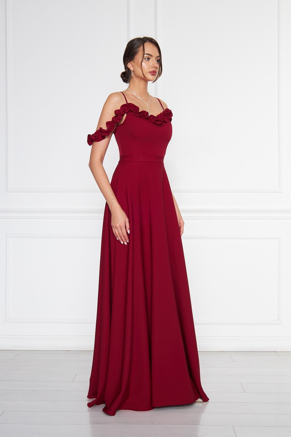 Long Flared Adjustable-Strap Ruffle-Detail Evening Dress - Burgundy - Bidoluelbise