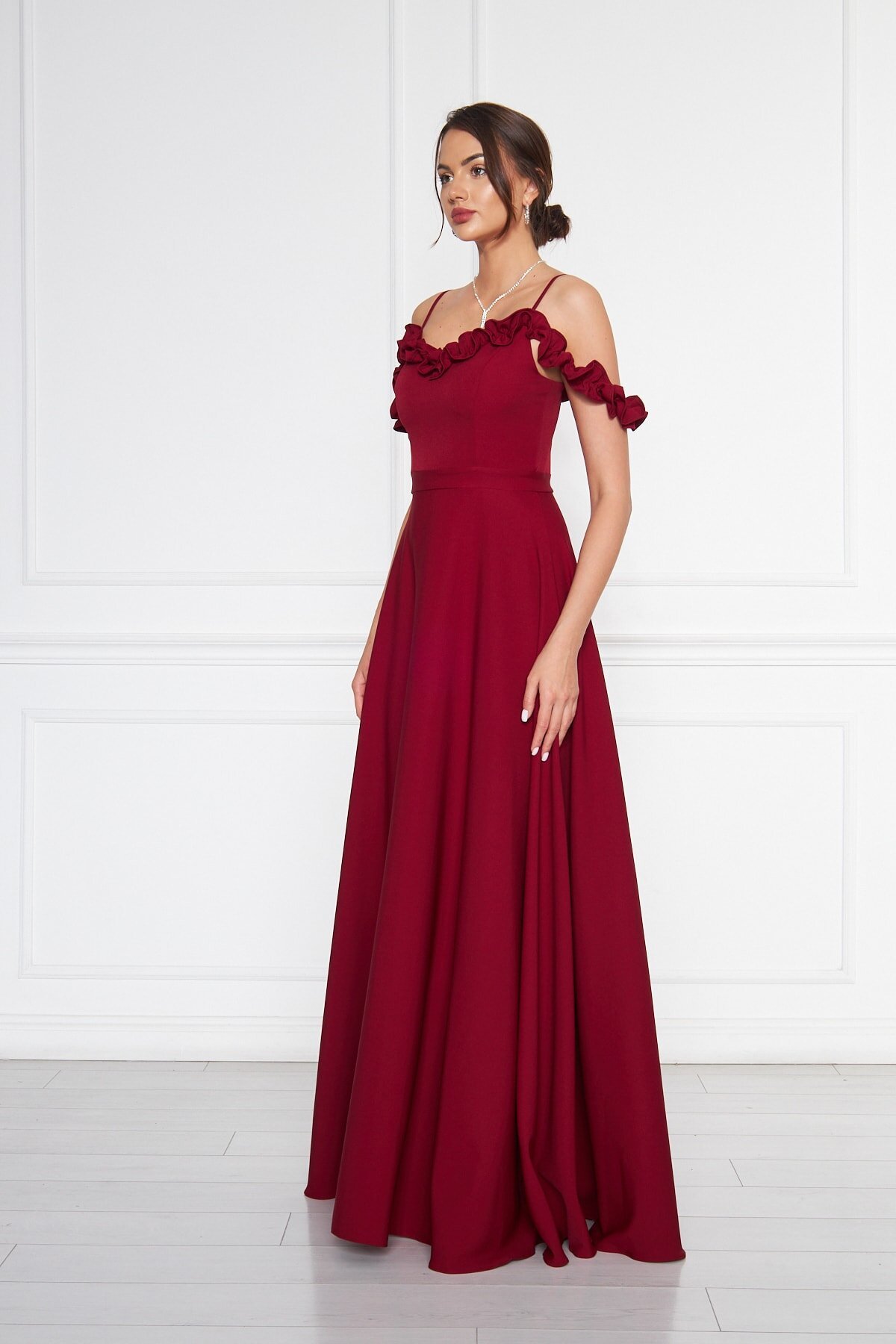 Long Flared Adjustable-Strap Ruffle-Detail Evening Dress - Burgundy - Bidoluelbise