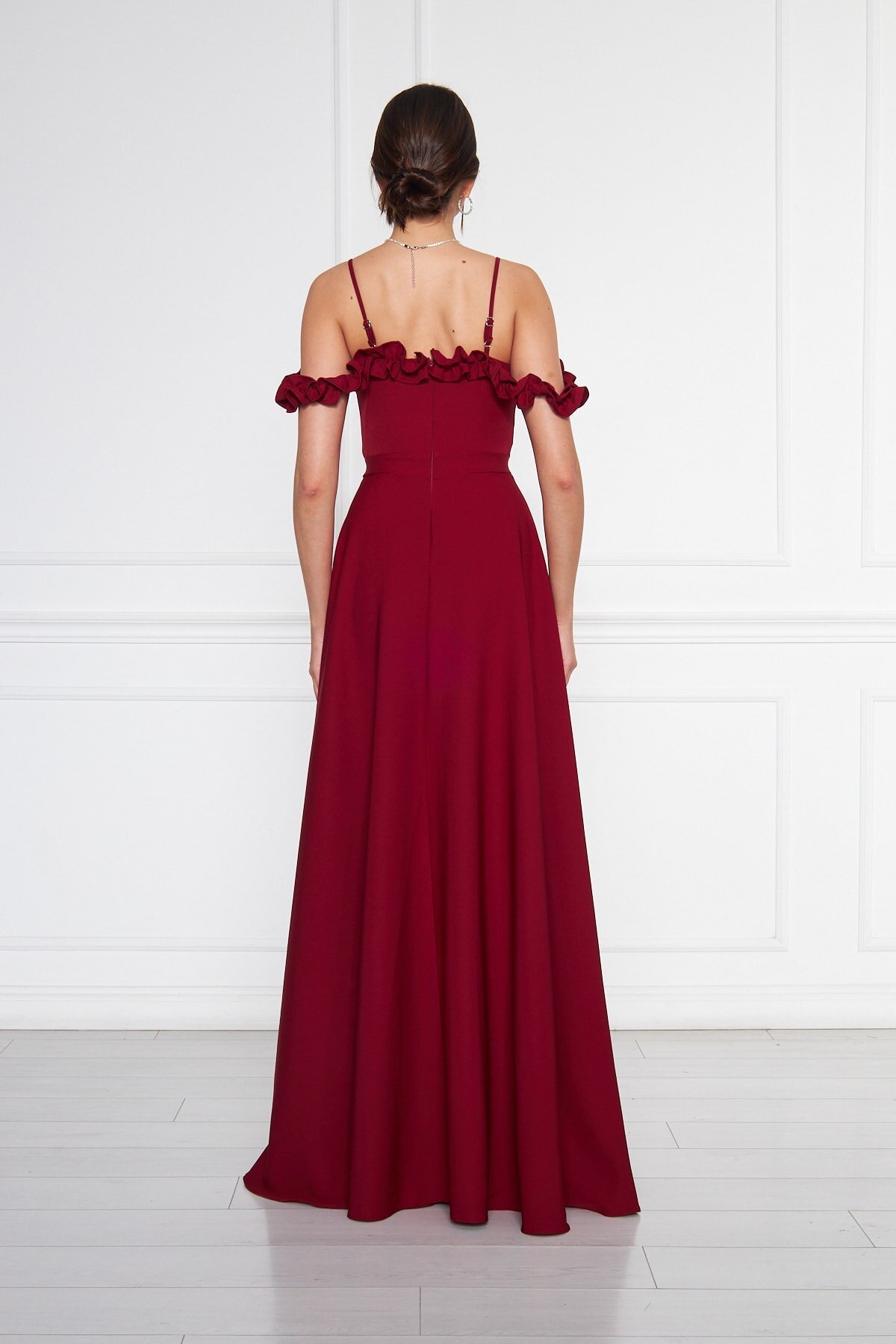 Long Flared Adjustable-Strap Ruffle-Detail Evening Dress - Burgundy - Bidoluelbise