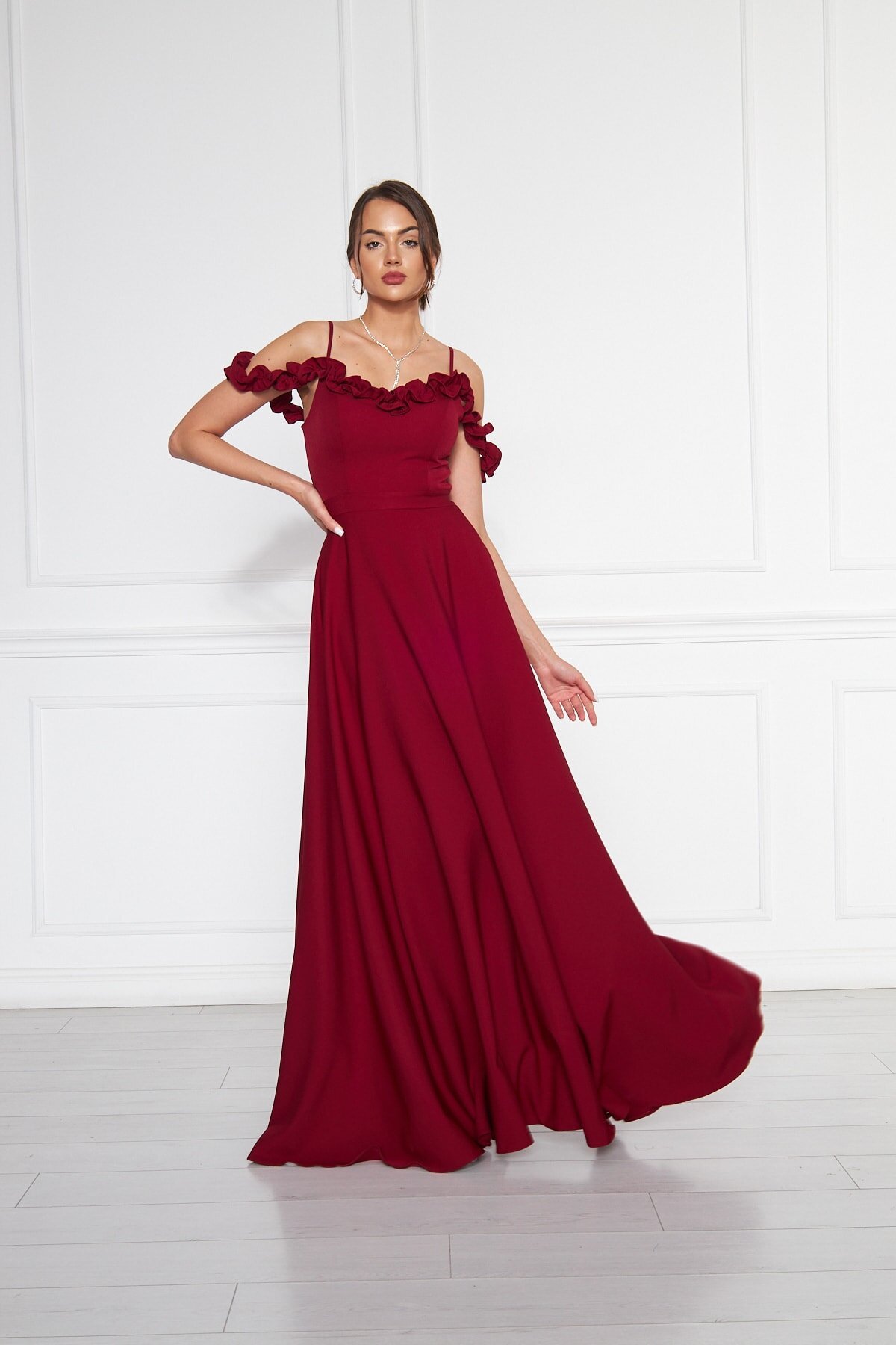 Long Flared Adjustable-Strap Ruffle-Detail Evening Dress - Burgundy - Bidoluelbise