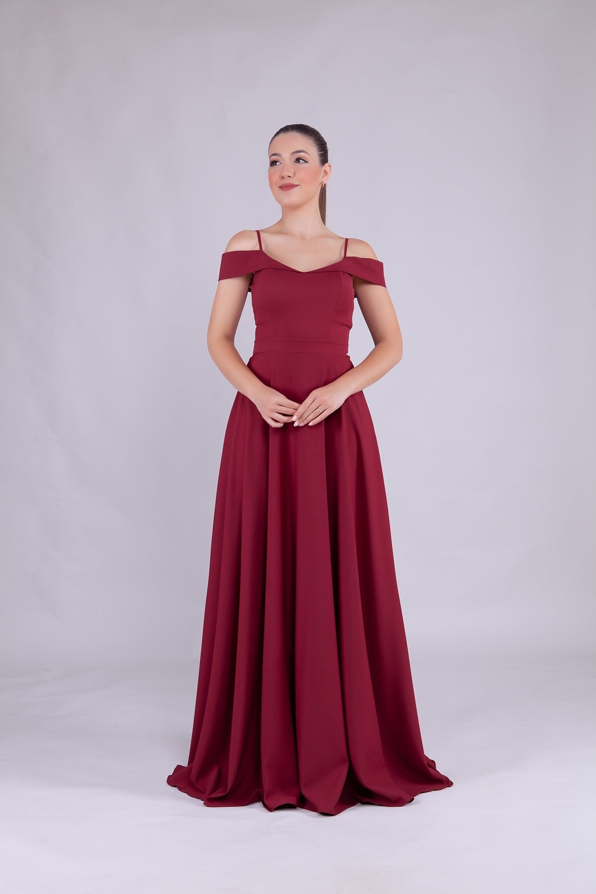 Long Strappy Shoulder-Detail Evening Dress - Burgundy - Bidoluelbise