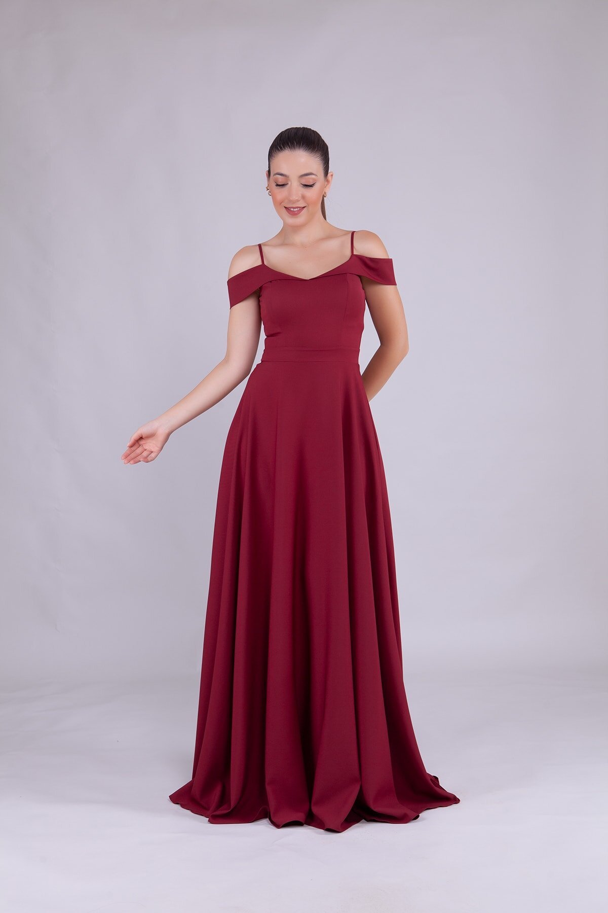Long Strappy Shoulder-Detail Evening Dress - Burgundy - Bidoluelbise