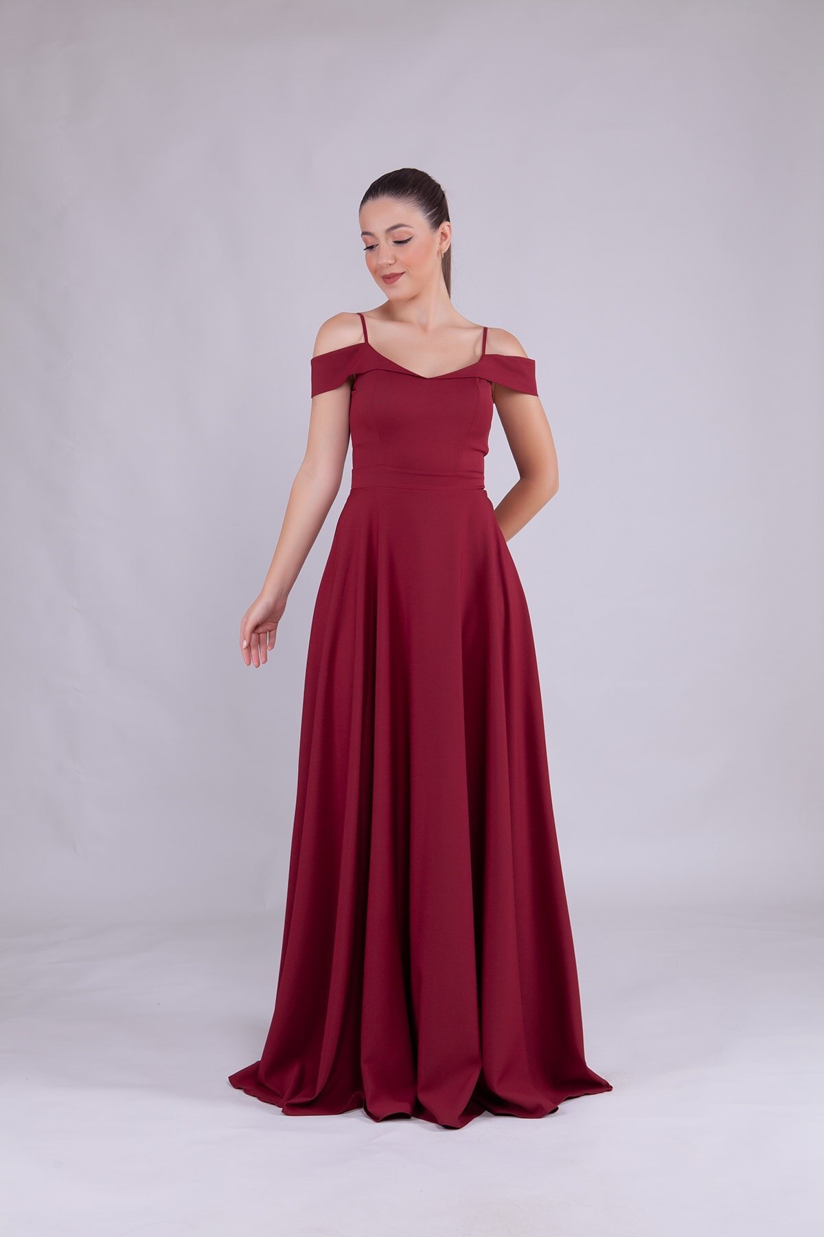 Long Strappy Shoulder-Detail Evening Dress - Burgundy - Bidoluelbise