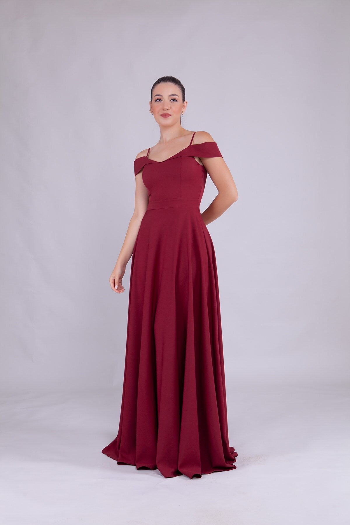 Long Strappy Shoulder-Detail Evening Dress - Burgundy - Bidoluelbise