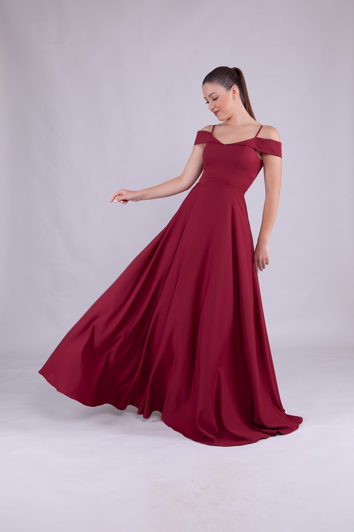 Long Strappy Shoulder-Detail Evening Dress - Burgundy - Bidoluelbise