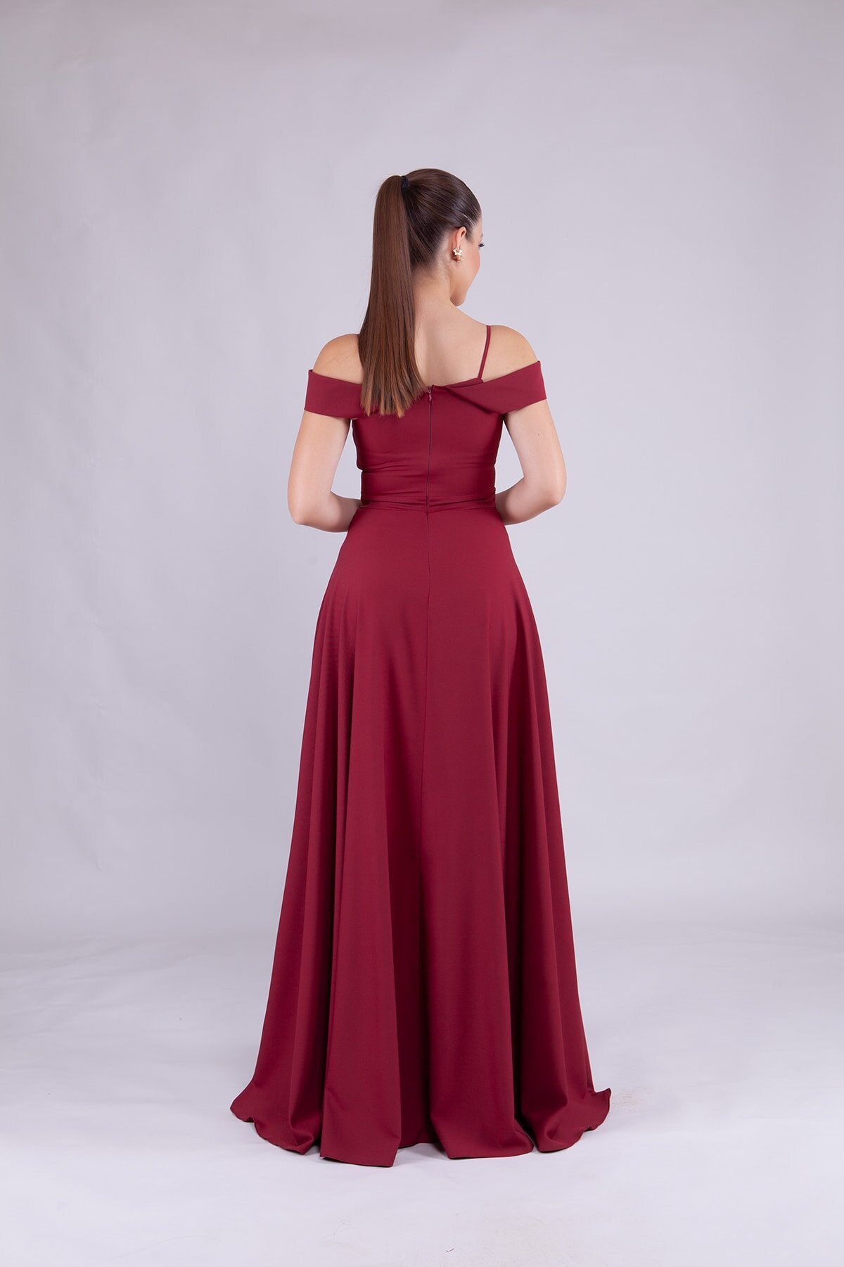 Long Strappy Shoulder-Detail Evening Dress - Burgundy - Bidoluelbise