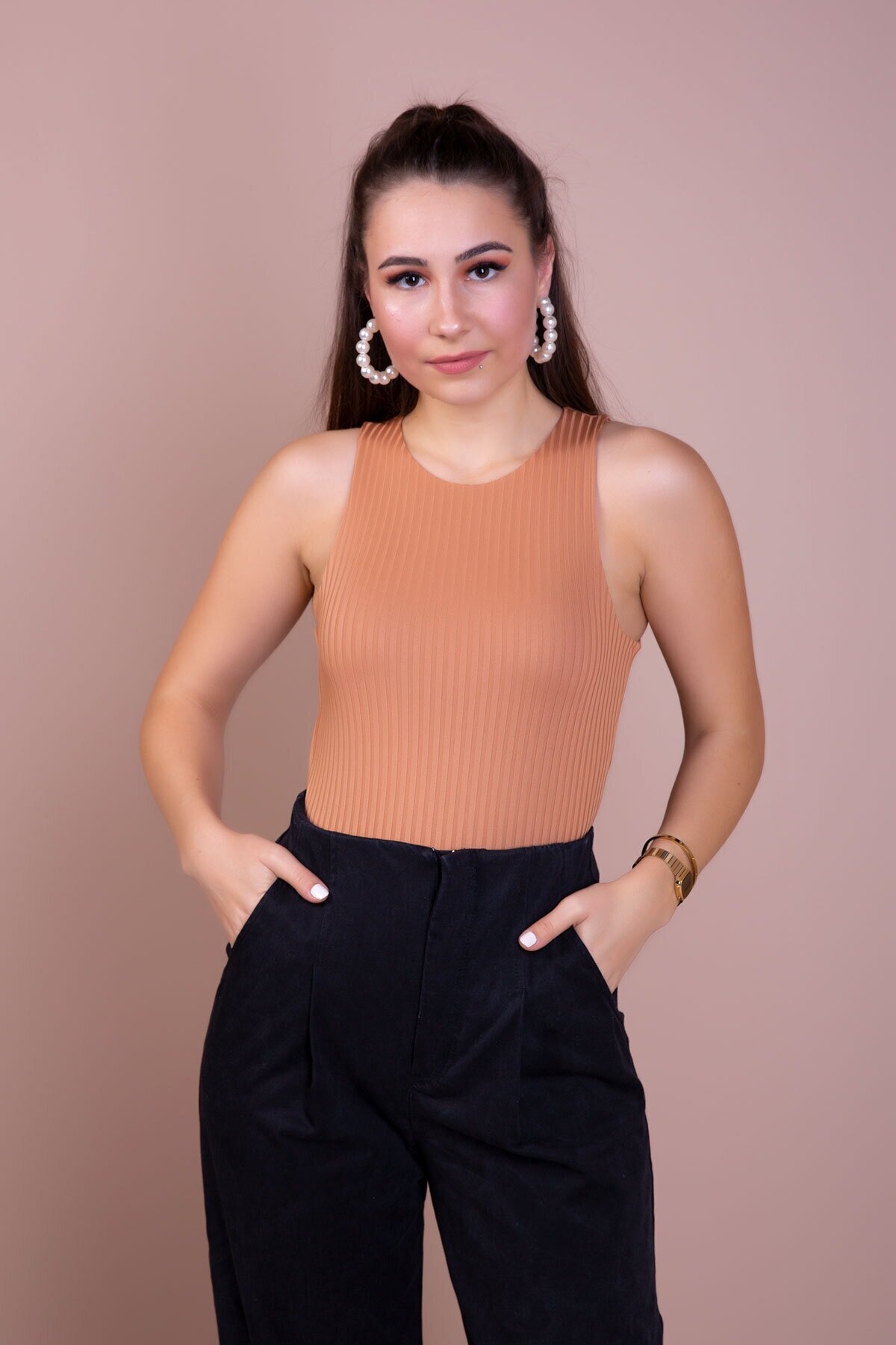 Camel Örme Çıtçıtlı Body & Bodysuit - Bidoluelbise