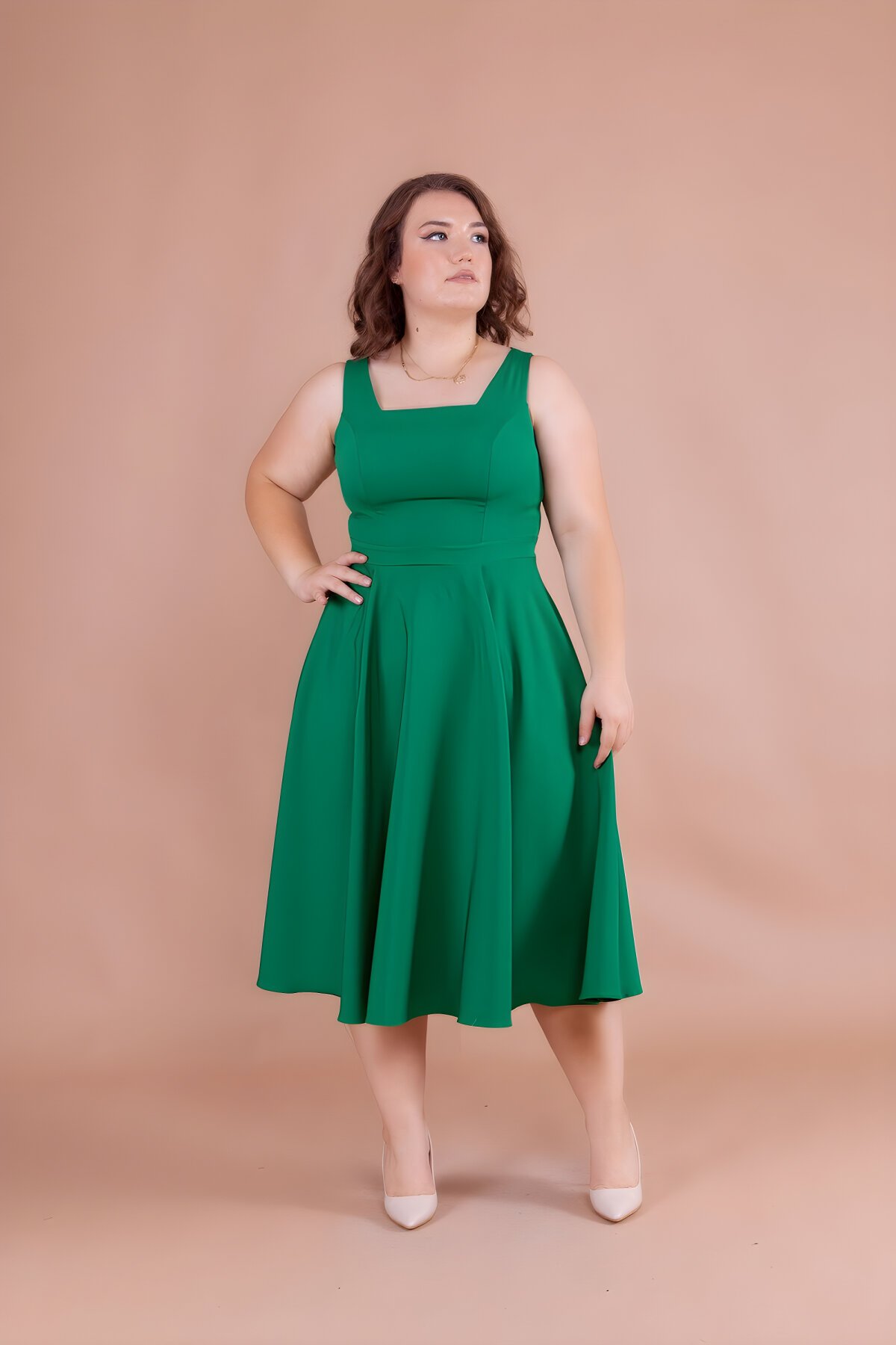 Midi Plus Size Square Neck Dress - Grass Green - Bidoluelbise