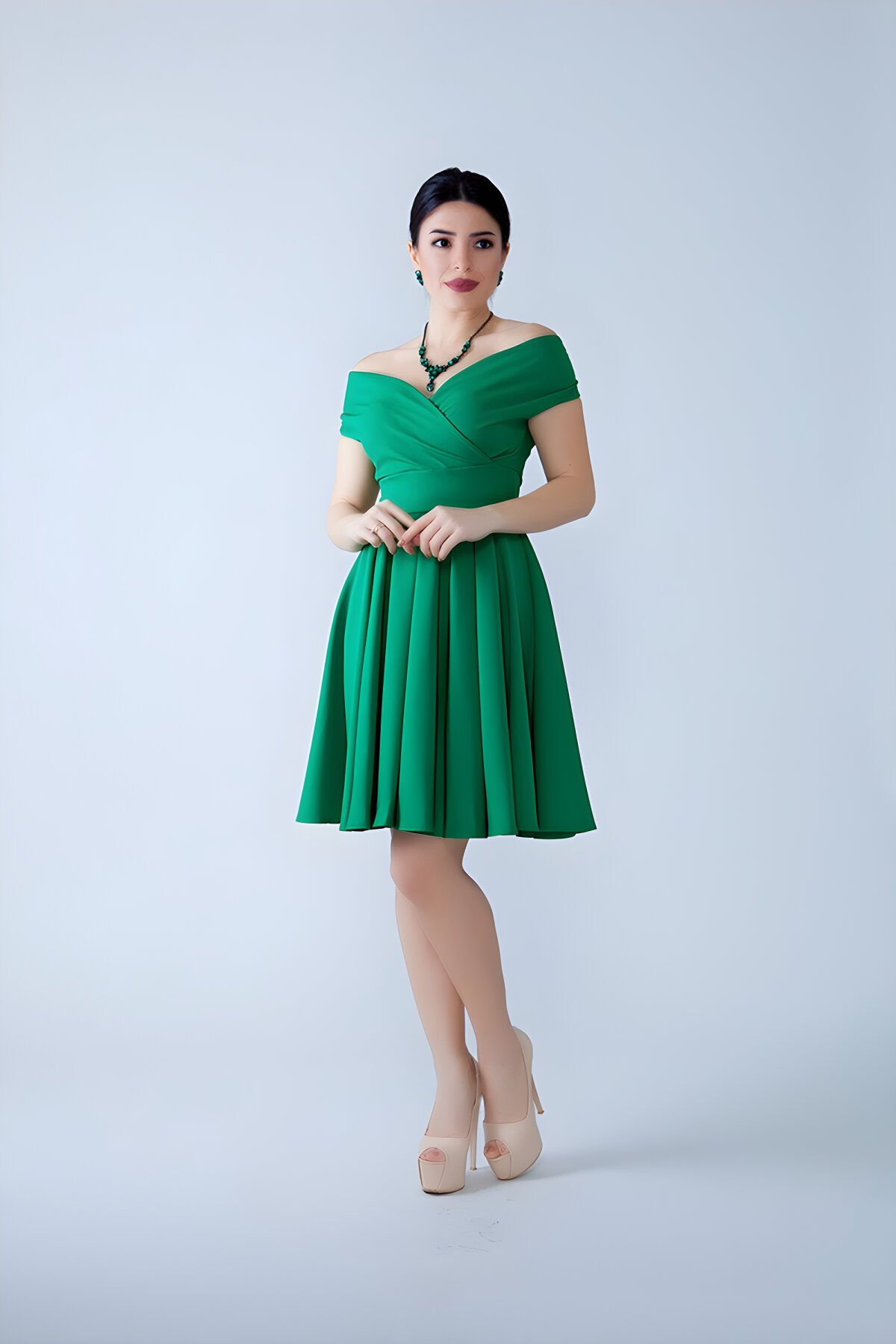 Mini Flared Pleated Drapey Boat Neck Evening Dress - Grass Green - Bidoluelbise