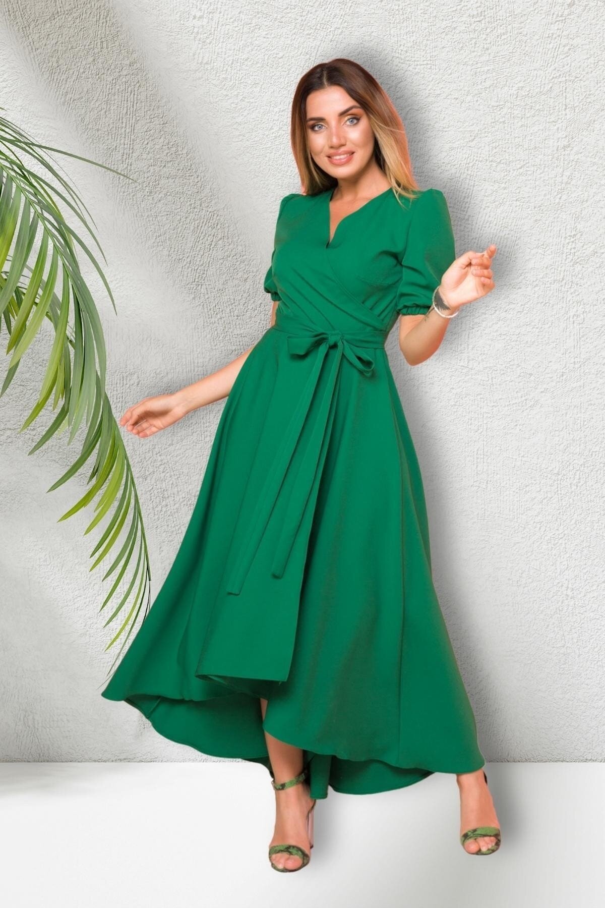 Long Asymmetric Cut Short Sleeve Wrap Neck Evening Dress - Grass Green - Bidoluelbise