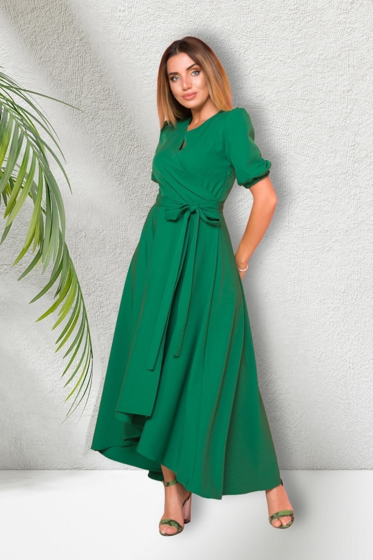 Long Asymmetric Cut Short Sleeve Wrap Neck Evening Dress - Grass Green - Bidoluelbise