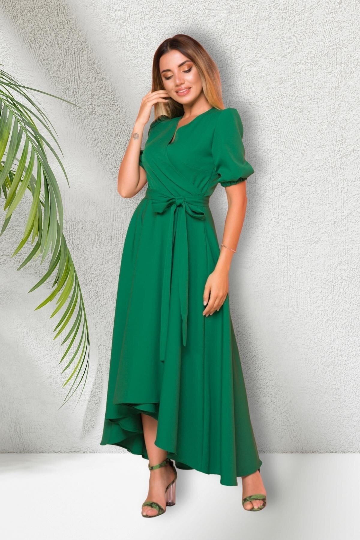Long Asymmetric Cut Short Sleeve Wrap Neck Evening Dress - Grass Green - Bidoluelbise