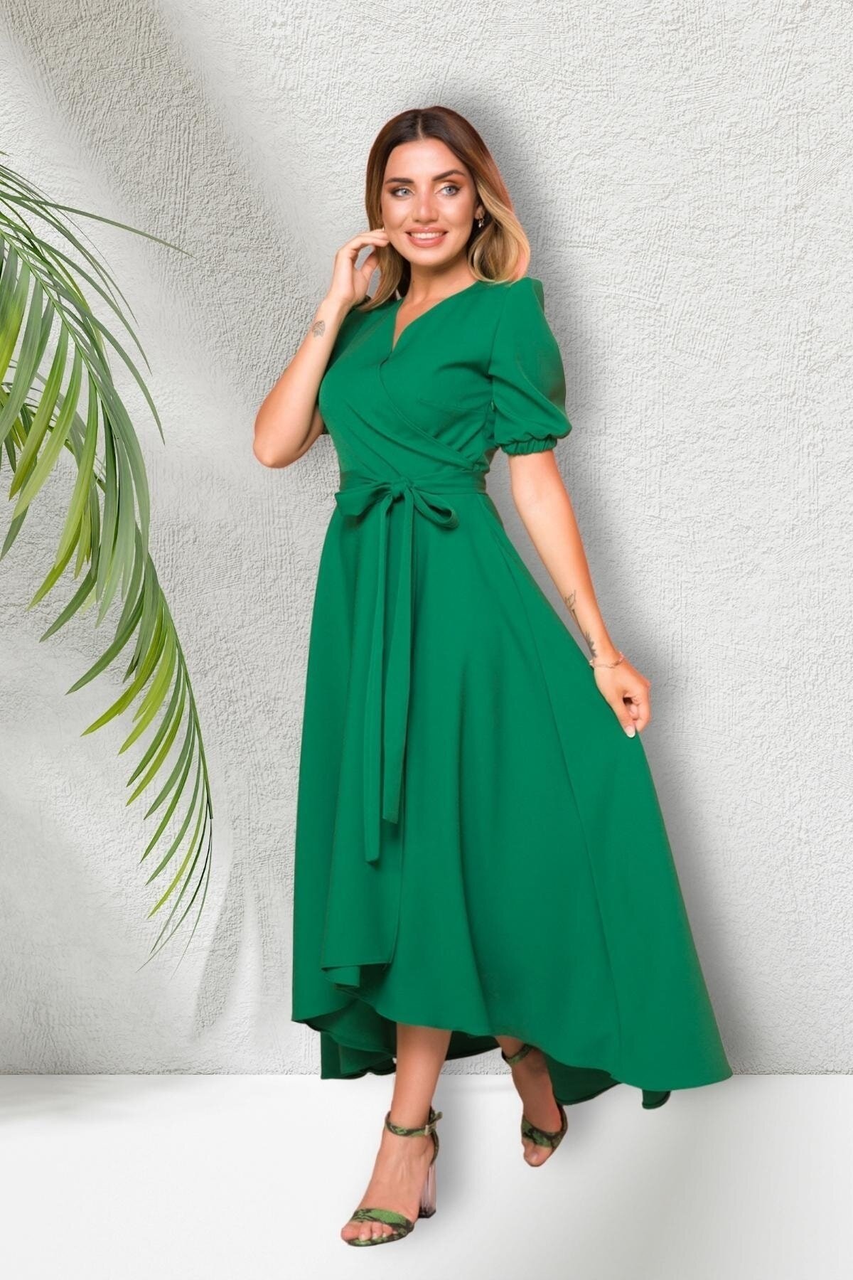 Long Asymmetric Cut Short Sleeve Wrap Neck Evening Dress - Grass Green - Bidoluelbise