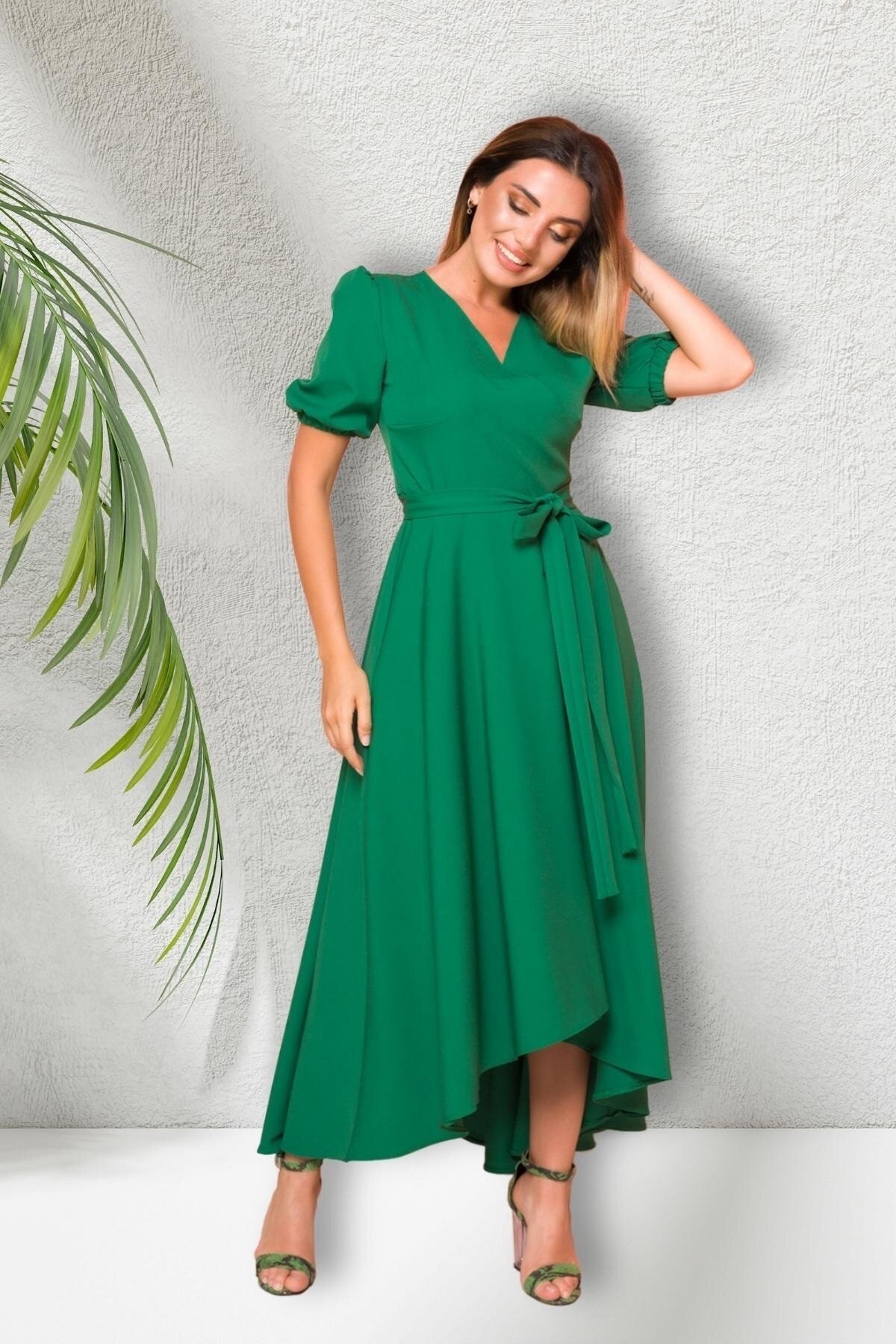Long Asymmetric Cut Short Sleeve Wrap Neck Evening Dress - Grass Green - Bidoluelbise