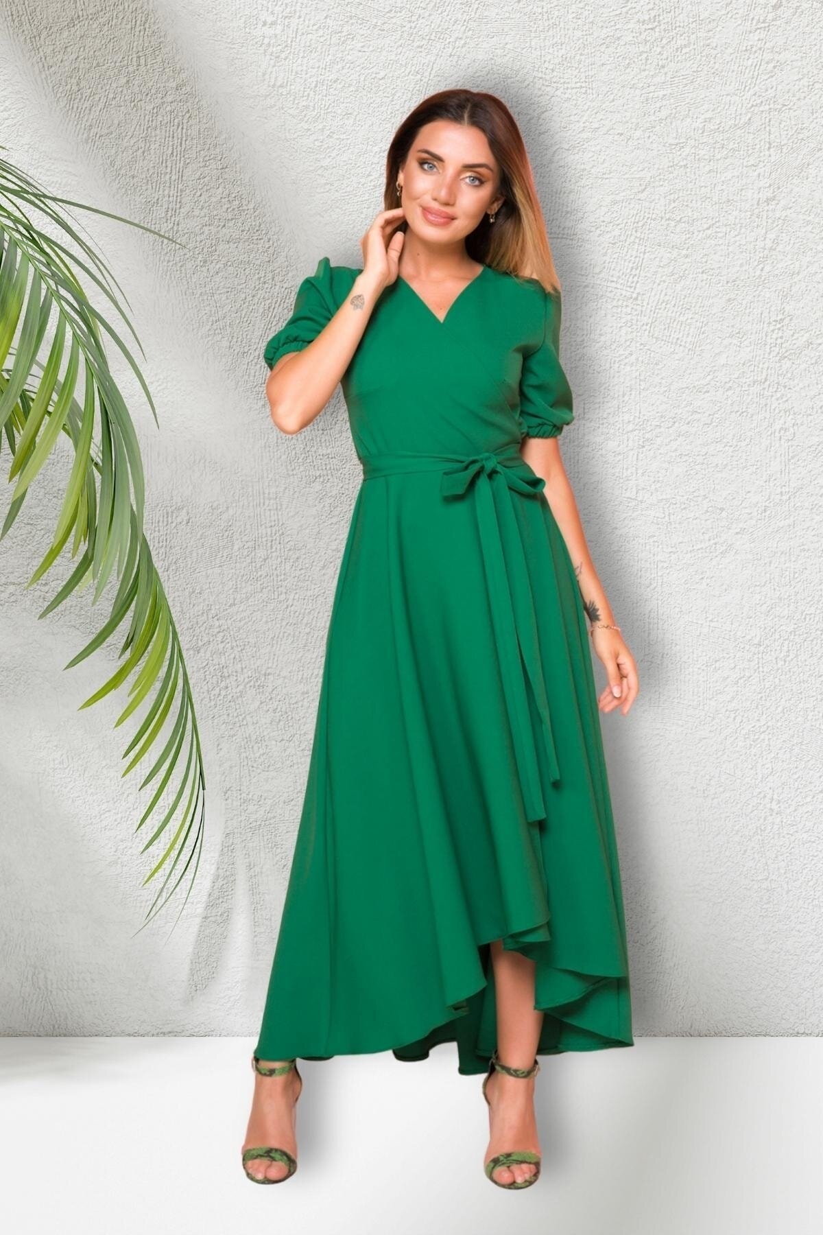 Long Asymmetric Cut Short Sleeve Wrap Neck Evening Dress - Grass Green - Bidoluelbise
