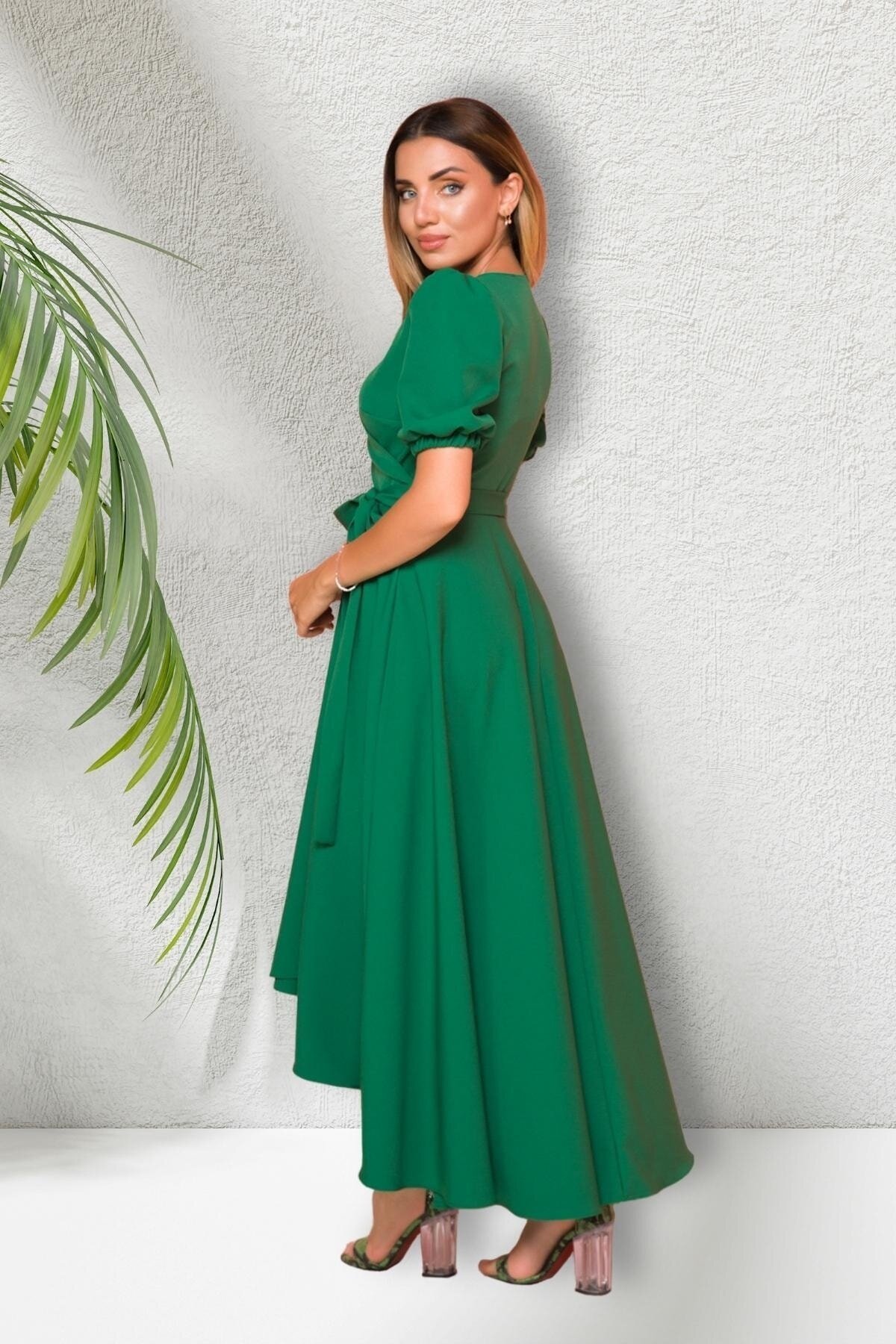 Long Asymmetric Cut Short Sleeve Wrap Neck Evening Dress - Grass Green - Bidoluelbise